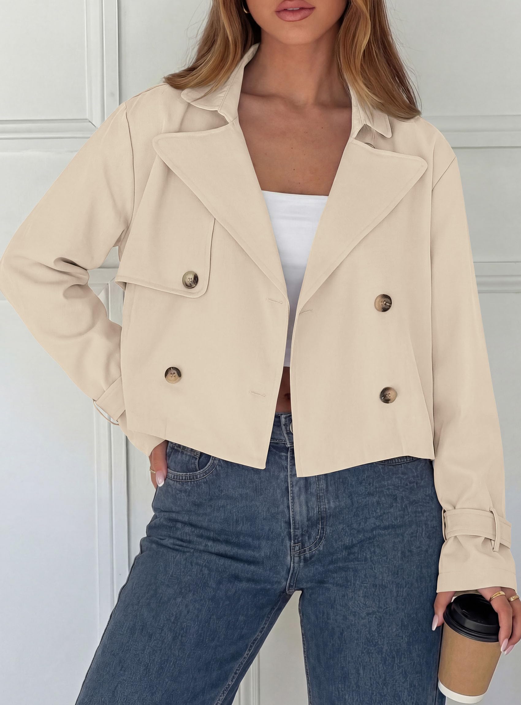 Cropped Trench Coat For Women Short Jacket,Beige,S