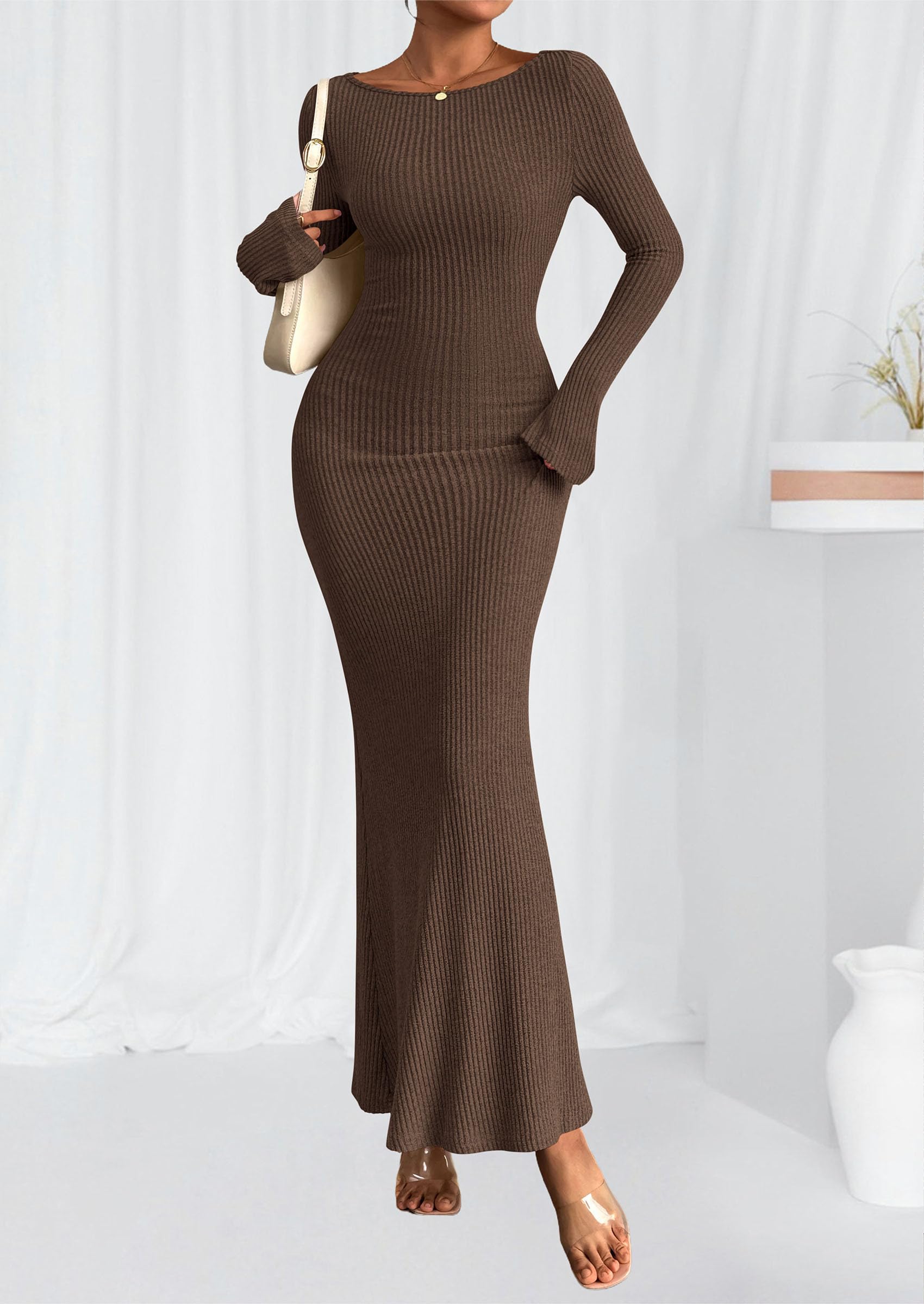 Women's Fall Long Sleeve Bodycon Maxi Dresses (Dark Brown,XS)