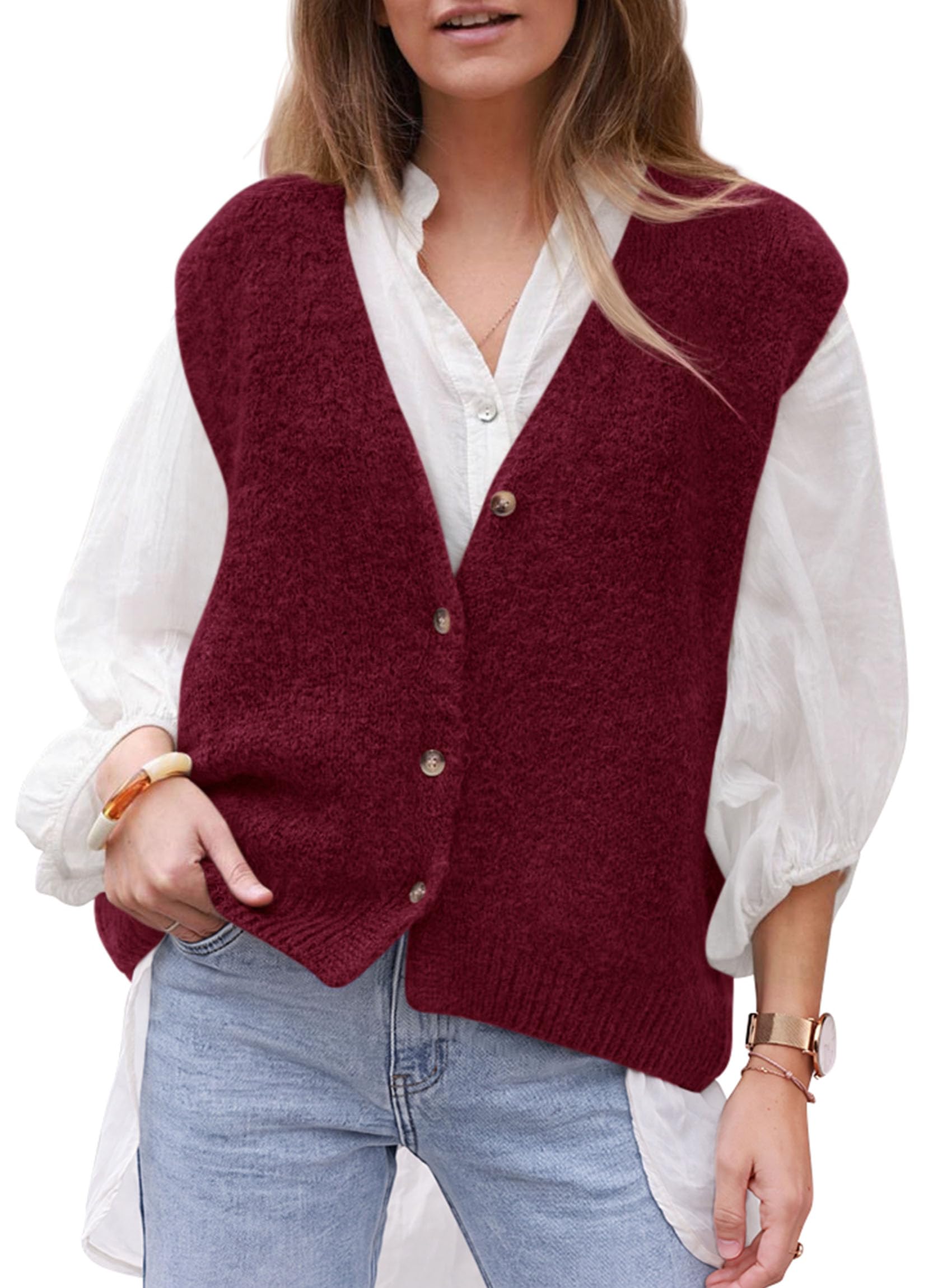 Womens Fall Sleeveless Button Down Sweater Vest,Wine Red,M