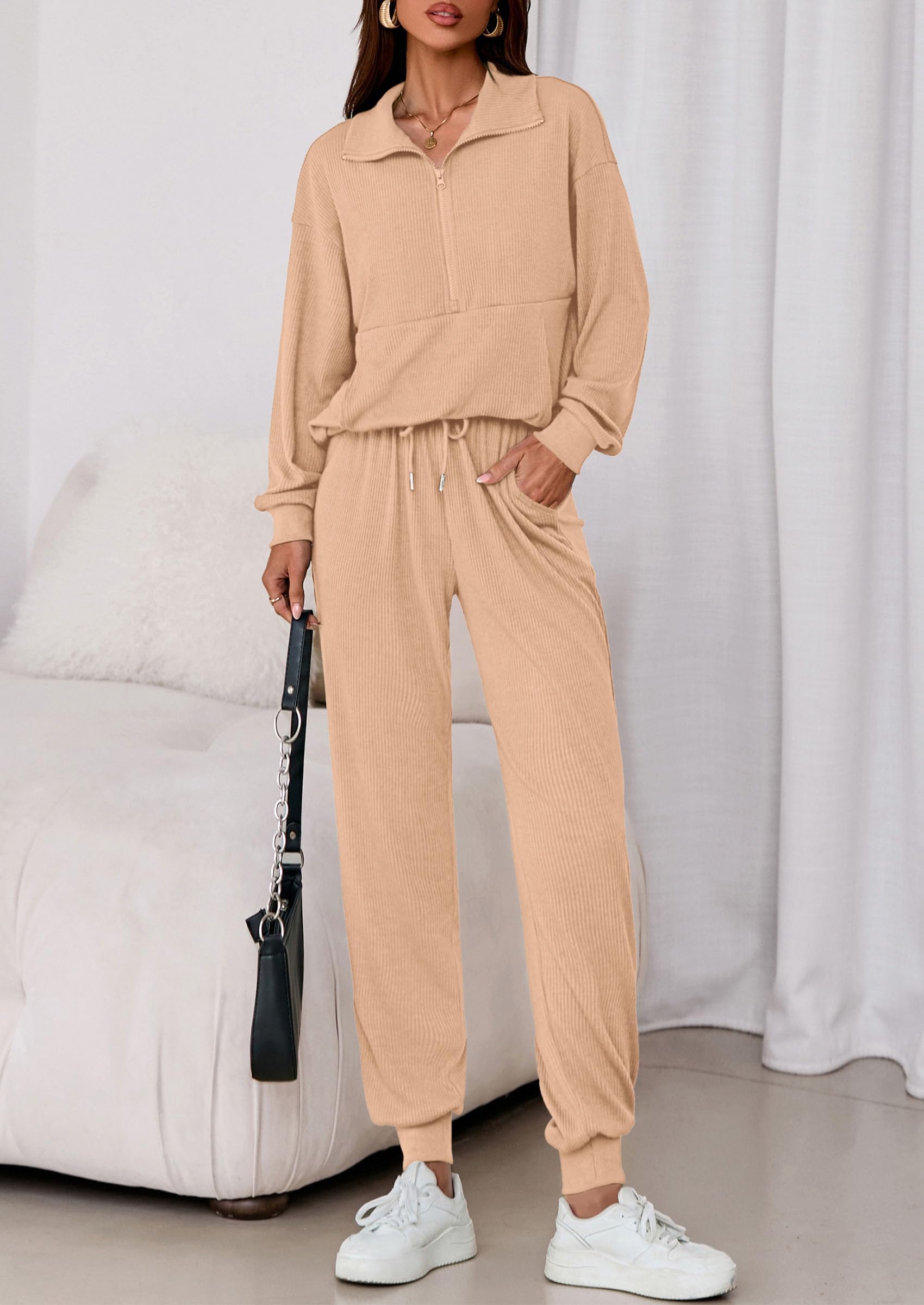 Airport Travel Outfit Women Ribbed Knit Matching Lounge Sets