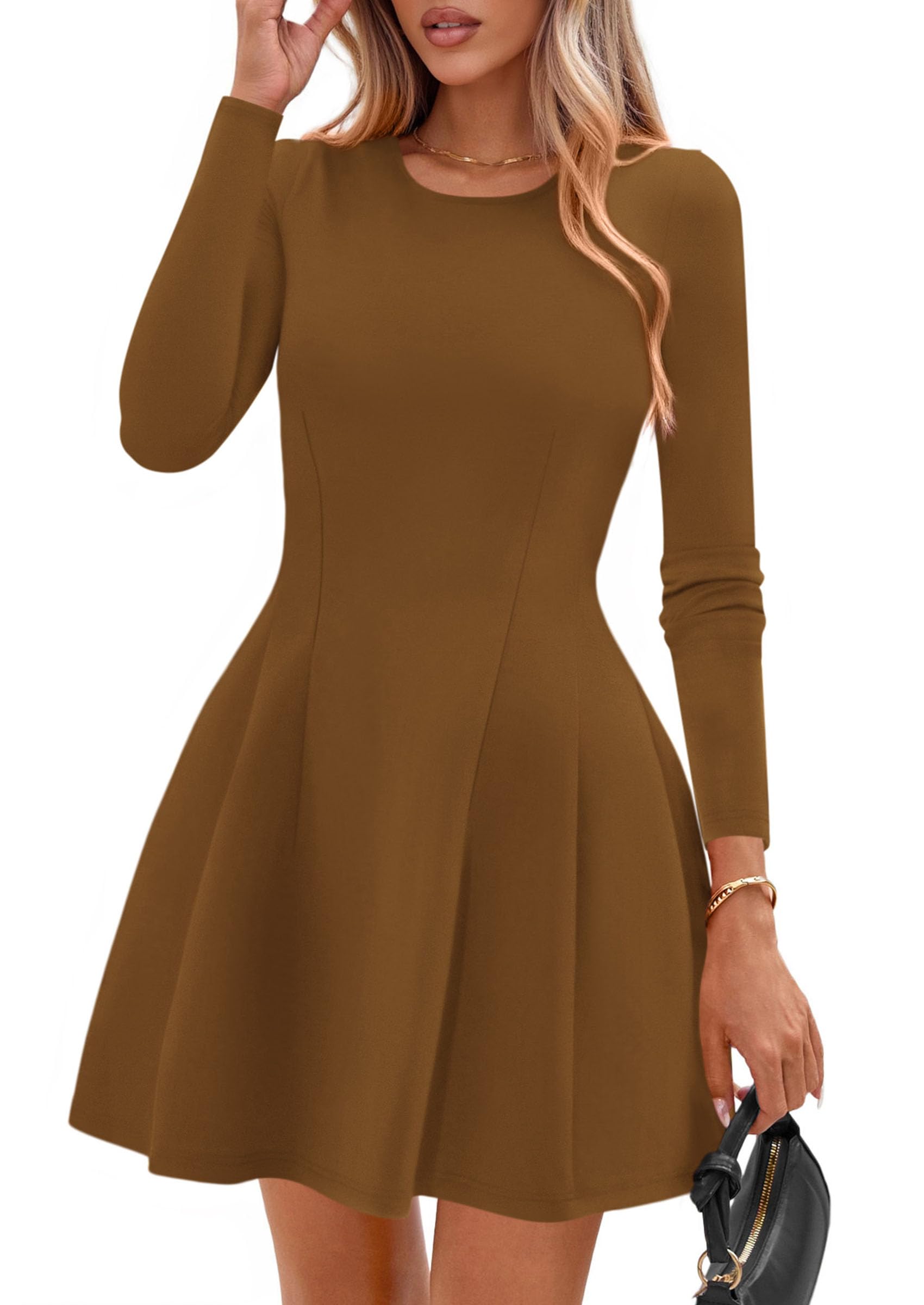 Womens Long Sleeve Pleated Mini Dress,Coffee,XS