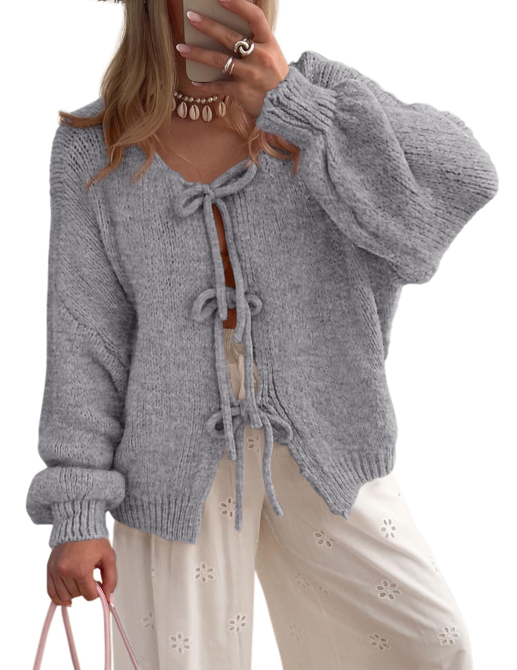 Women's Tie Front Bow Cardigan Sweaters(Grey,Small)