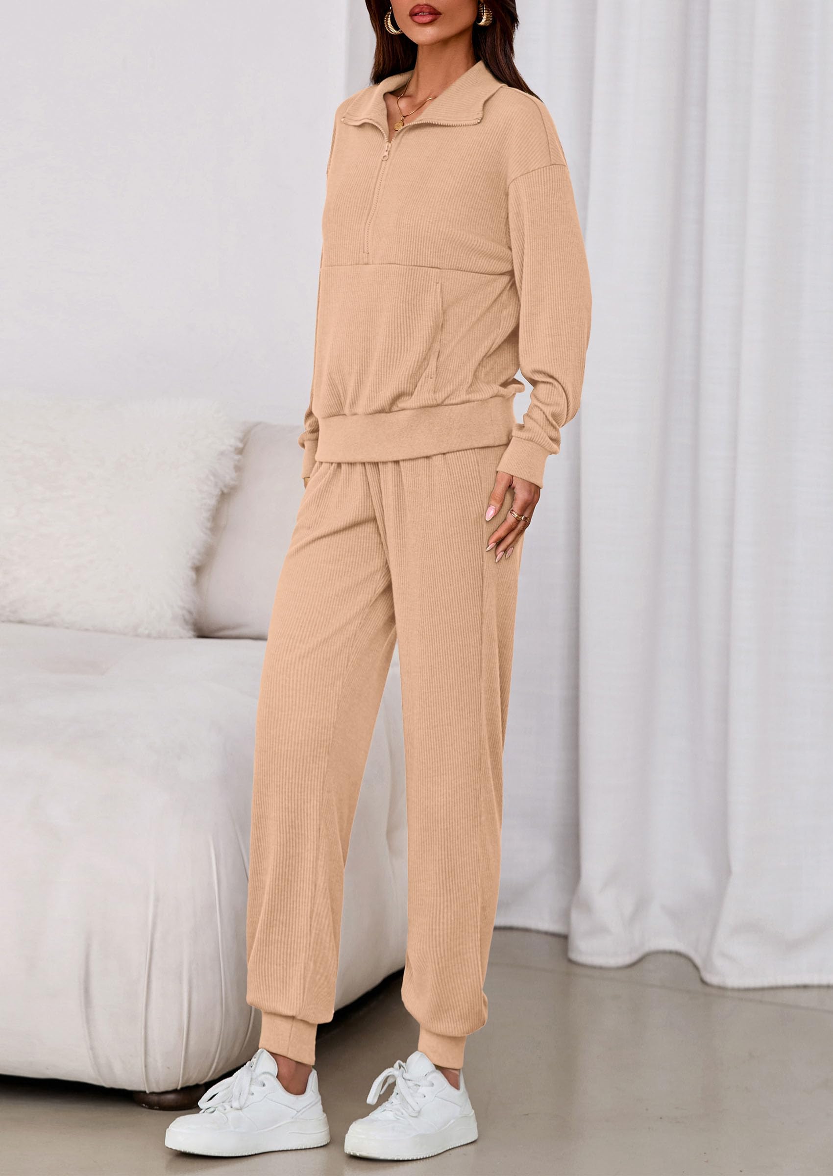 Airport Travel Outfit Women Ribbed Knit Matching Lounge Sets