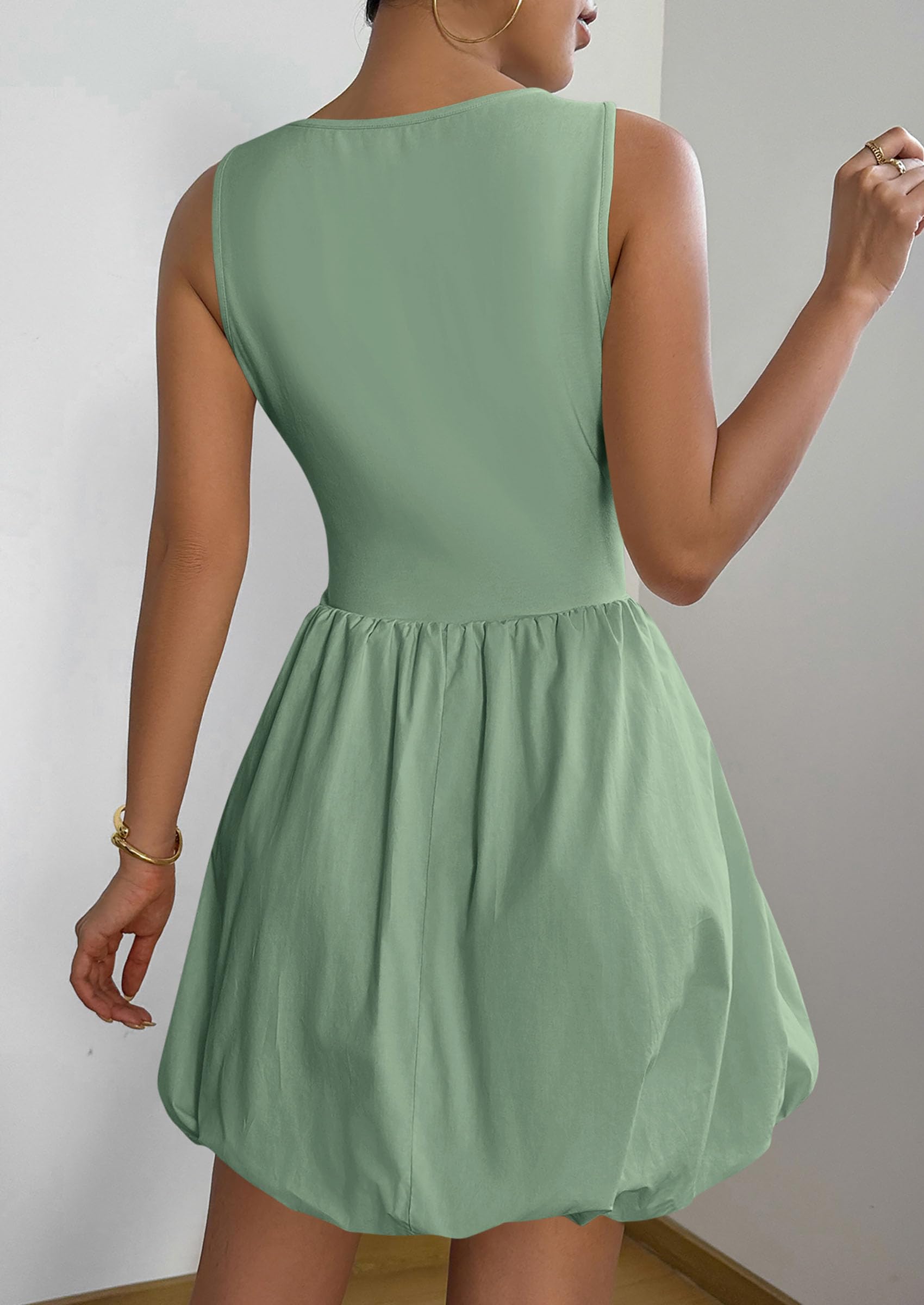 Womens Summer Bubble Sleeveless Mini Dress,Green,S