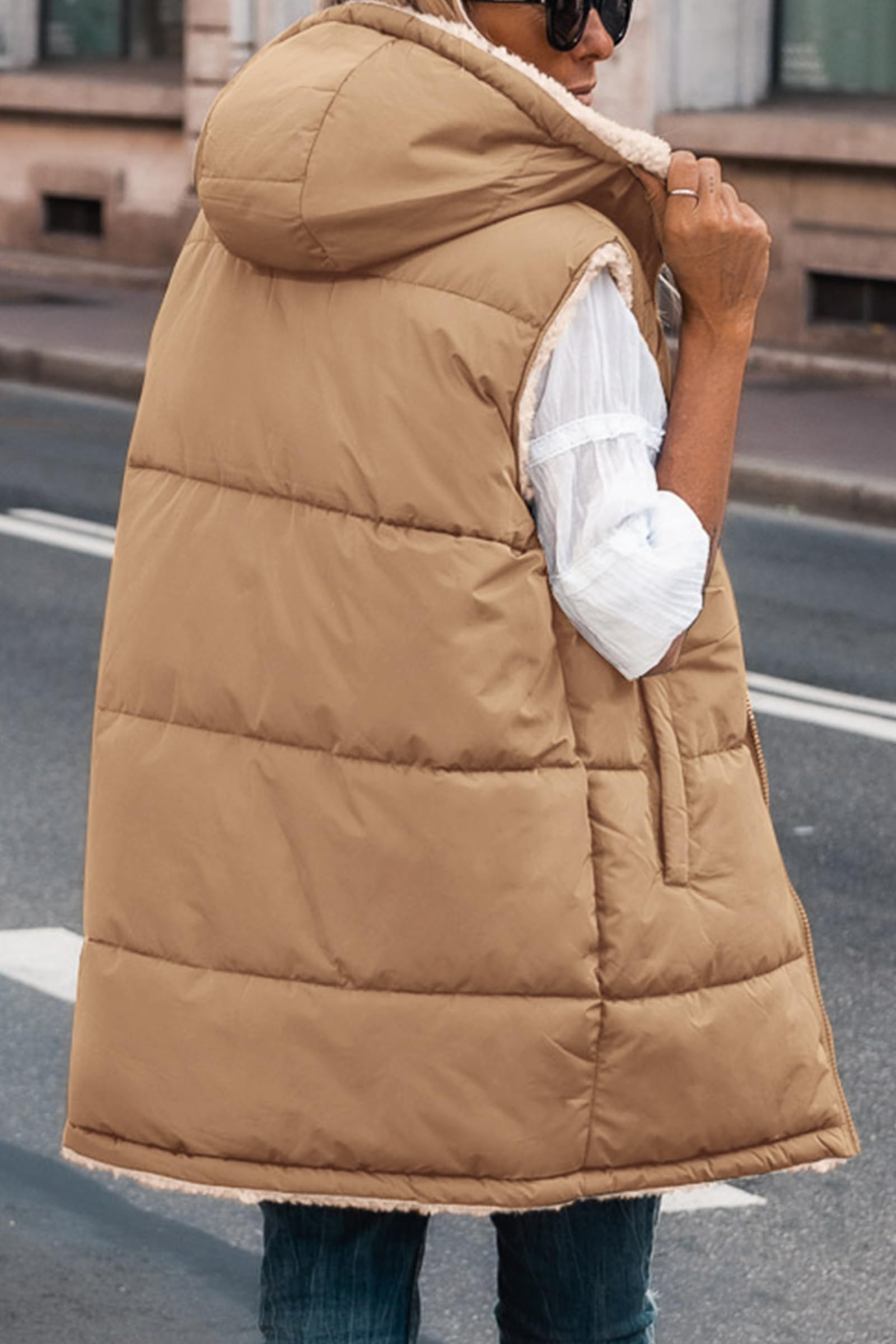 Women's Winter Reversible Fleece Long Vests(Light Camel,S)