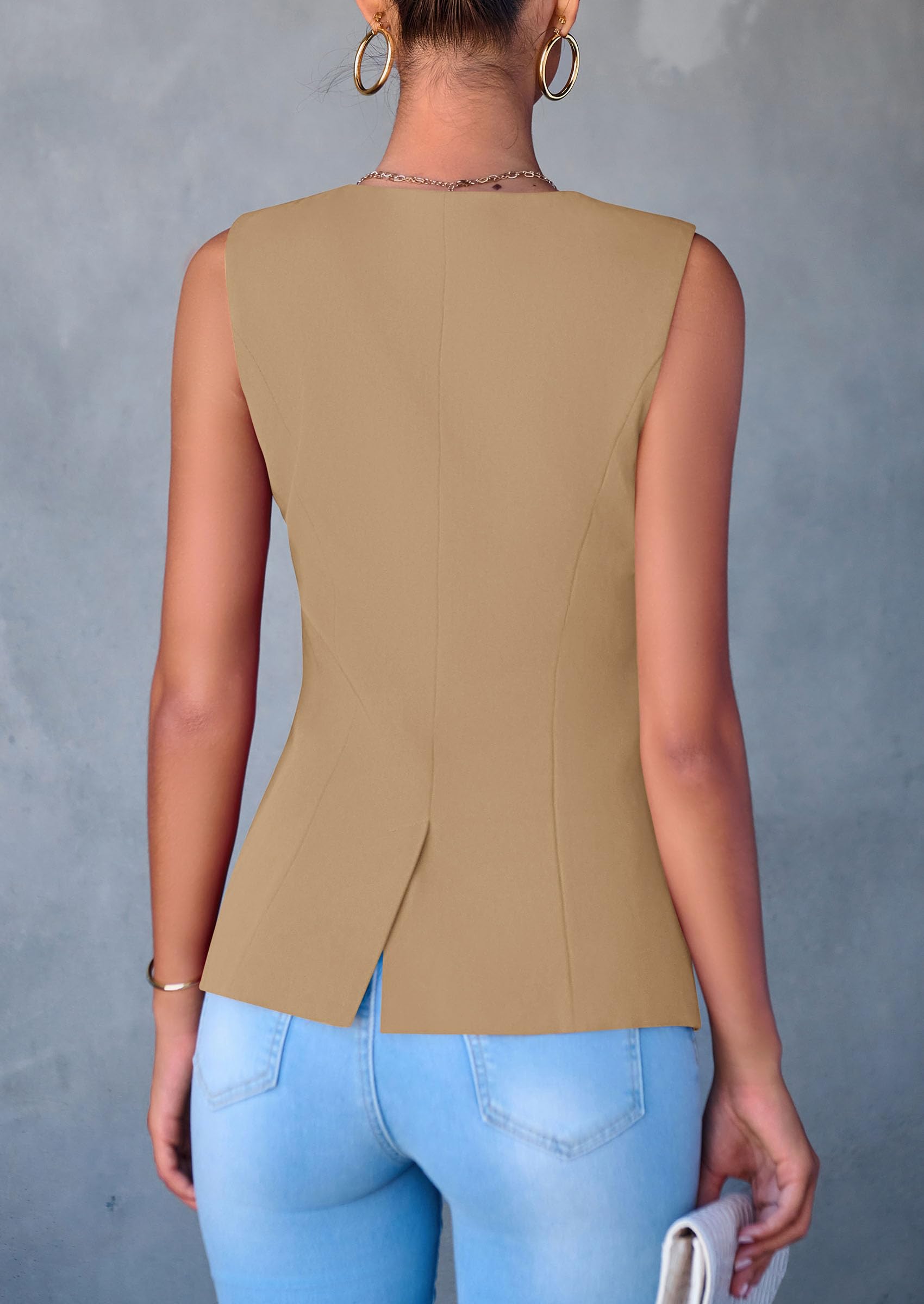 Women Tailored Suit Vest Business Casual Tops, Light Khaki,S
