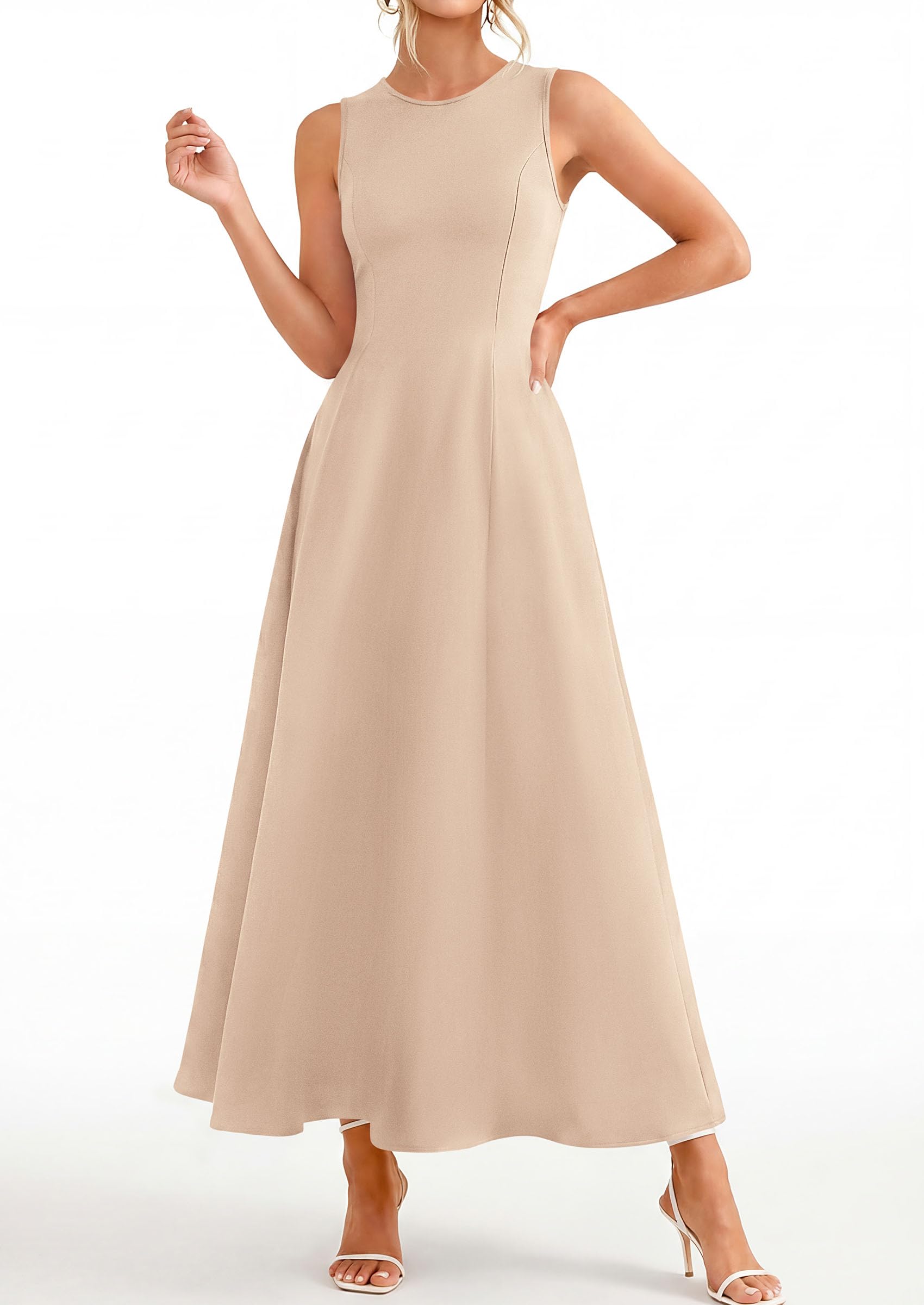 Women's Sleeveless Summer Elegant Maxi Dresses, Beige,S