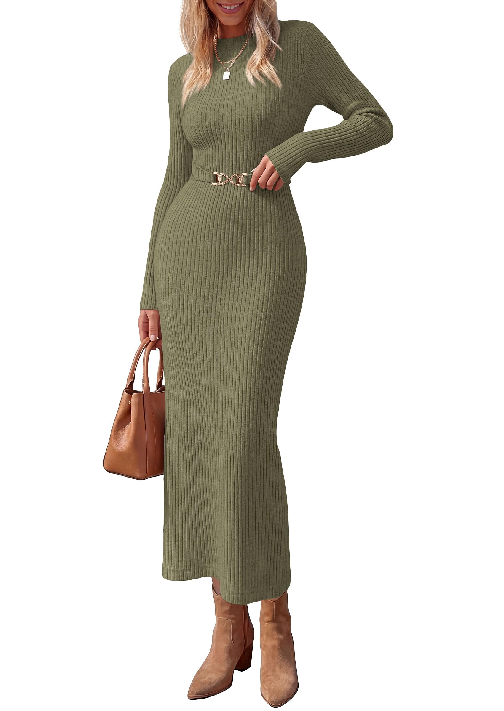 Women's Long Sleeve Bodycon Maxi Sweater Dress Army Green,L