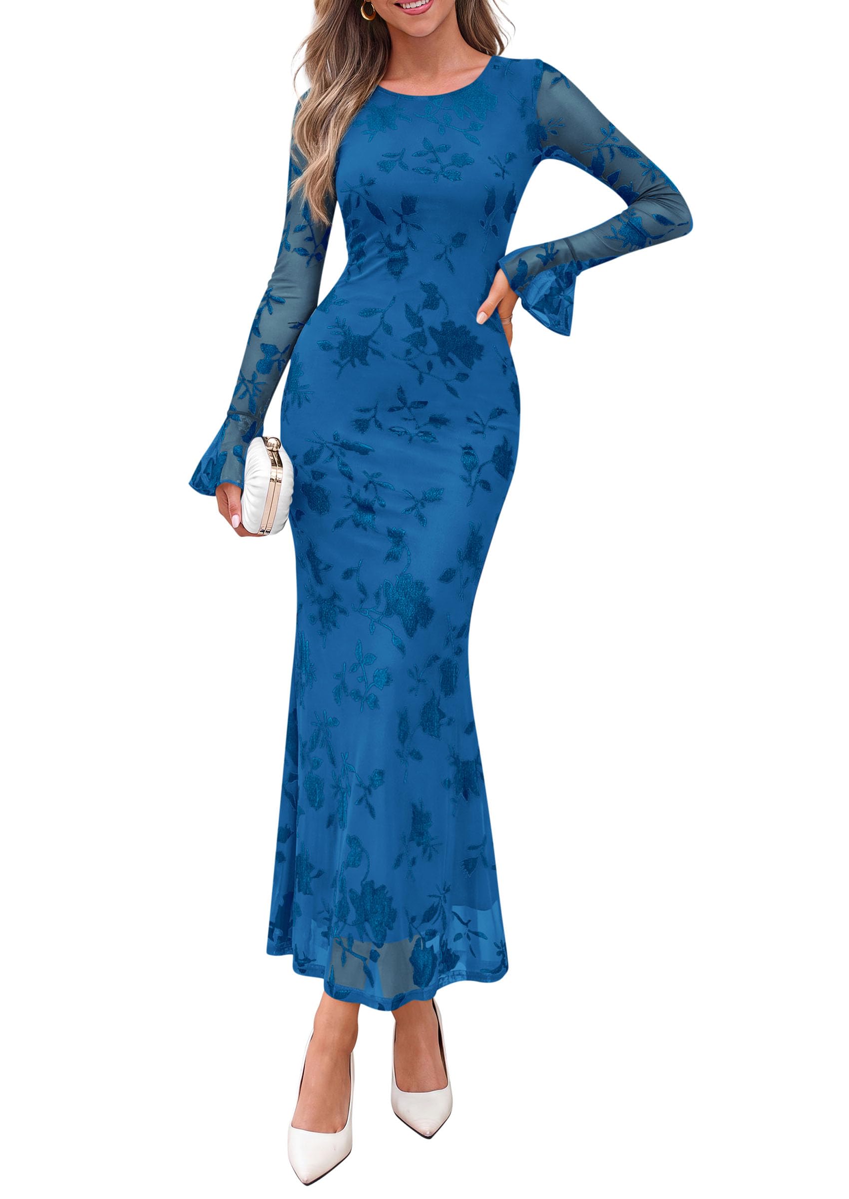 Women's Long Sleeve Maxi Floral Mesh Fall Wedding Guest Dress