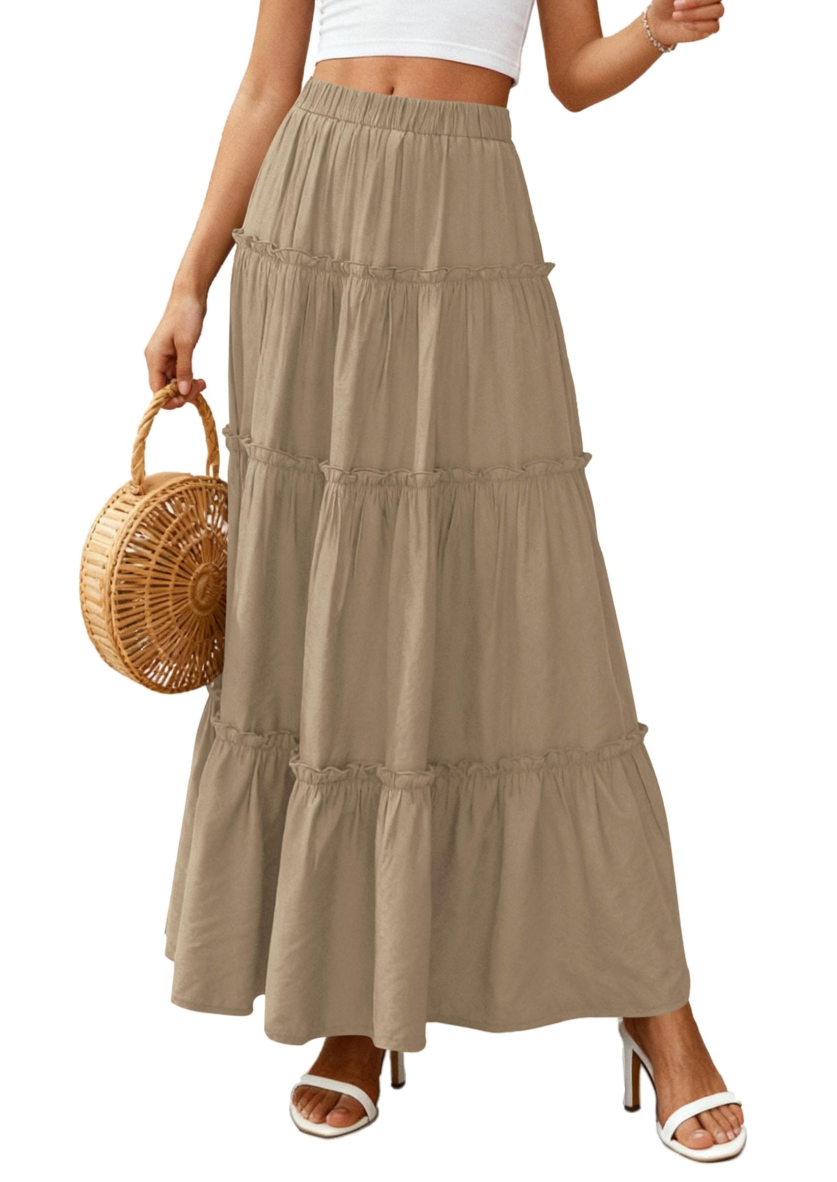 Women's Boho Tiered Ruffle Flowy Maxi Skirt, Khaki,XL