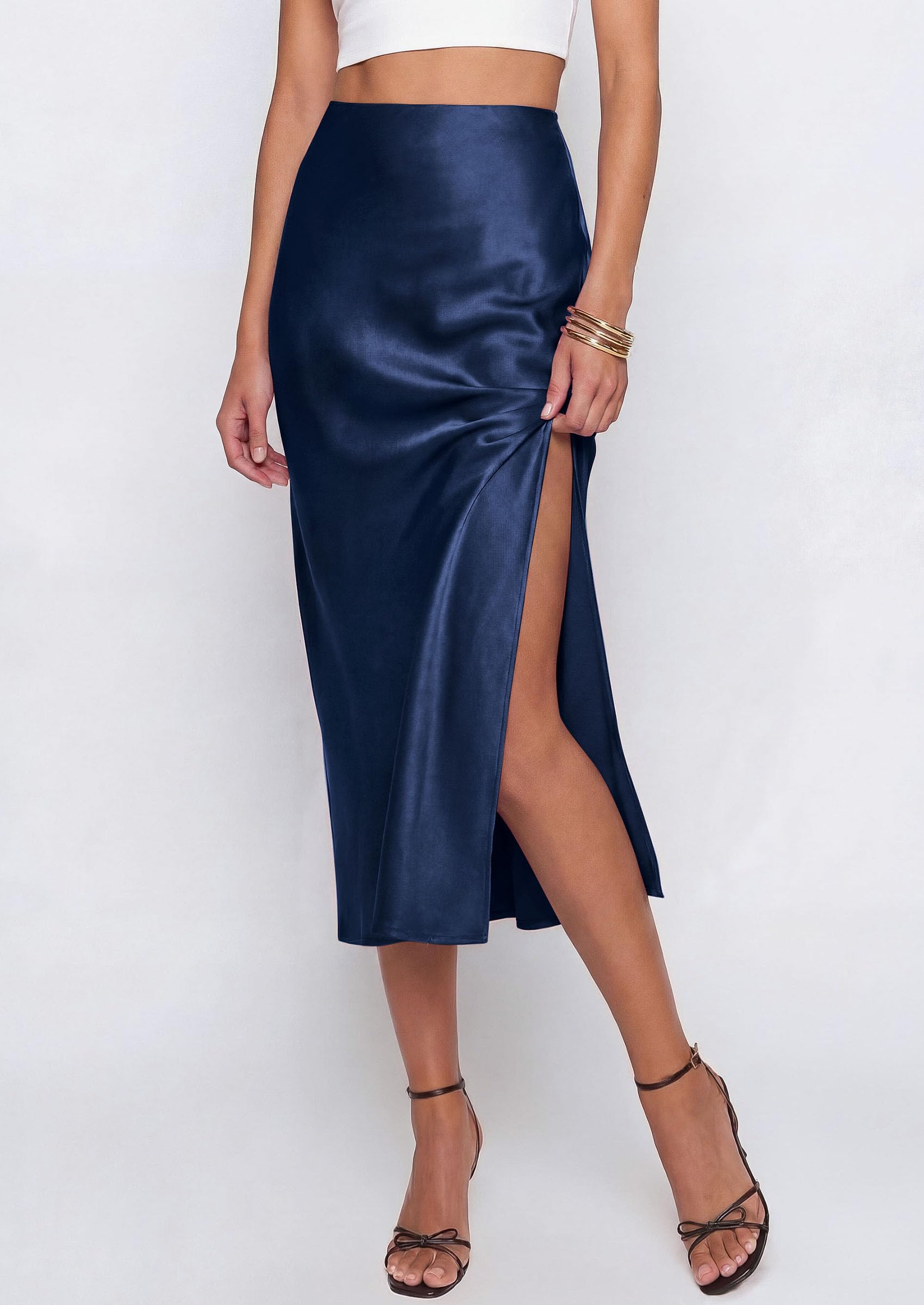 Womens Satin Skirt Silk Slip Midi Work Skirts, Navy Blue, S