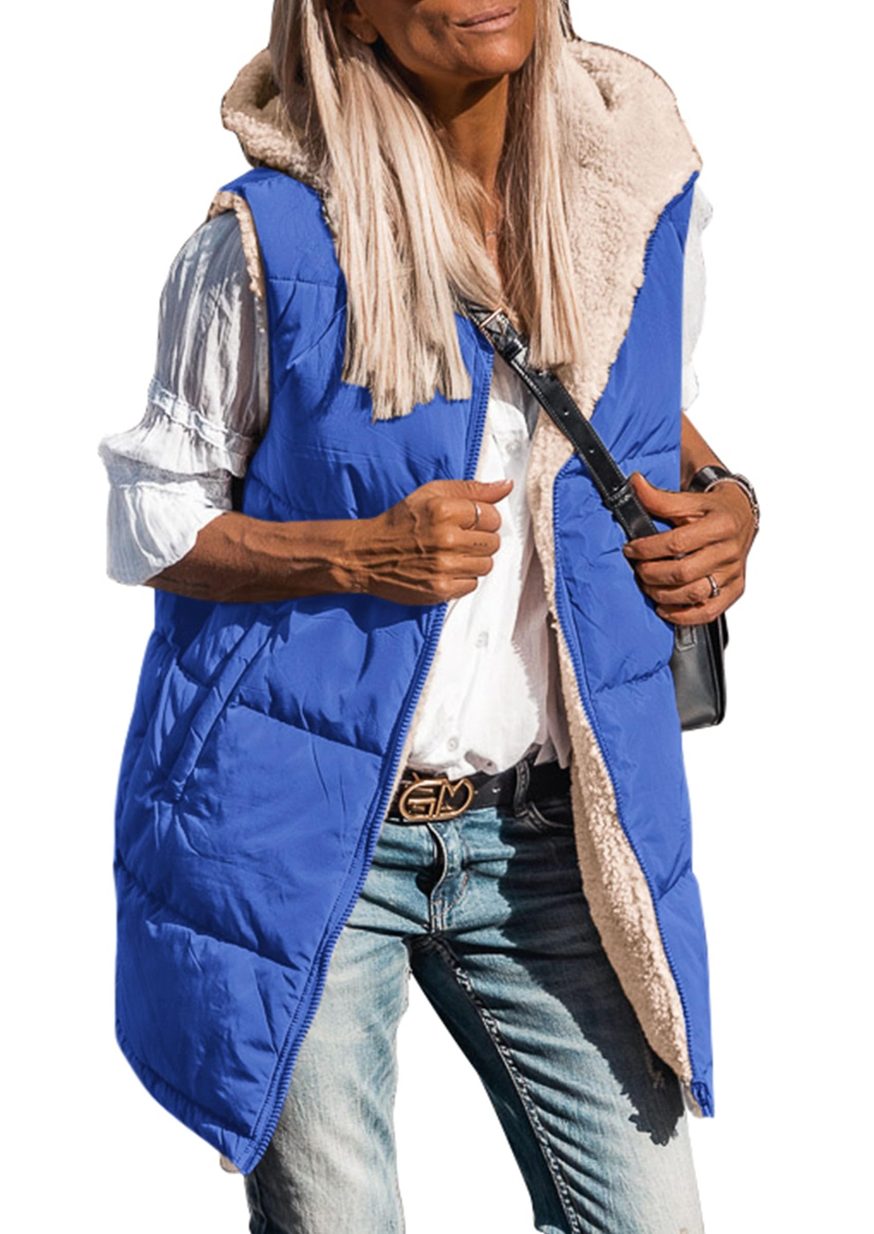 Women's Winter Reversible Fleece Long Vests(Royal Blue,S)