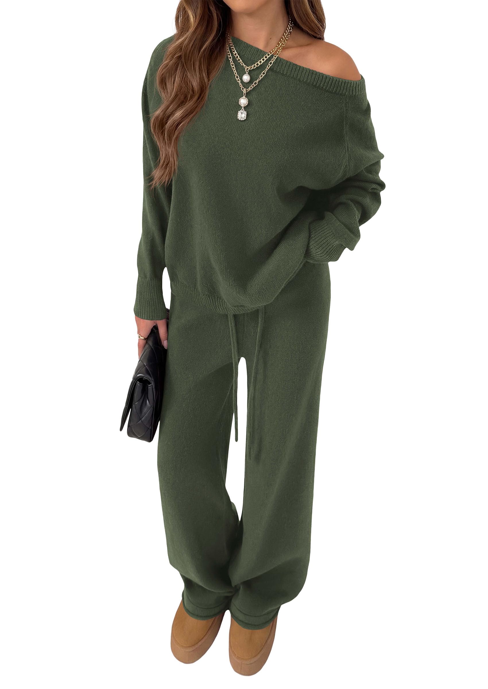 Lounge Sets Womens Sweaters Two Piece Outfits (Army Green,M)
