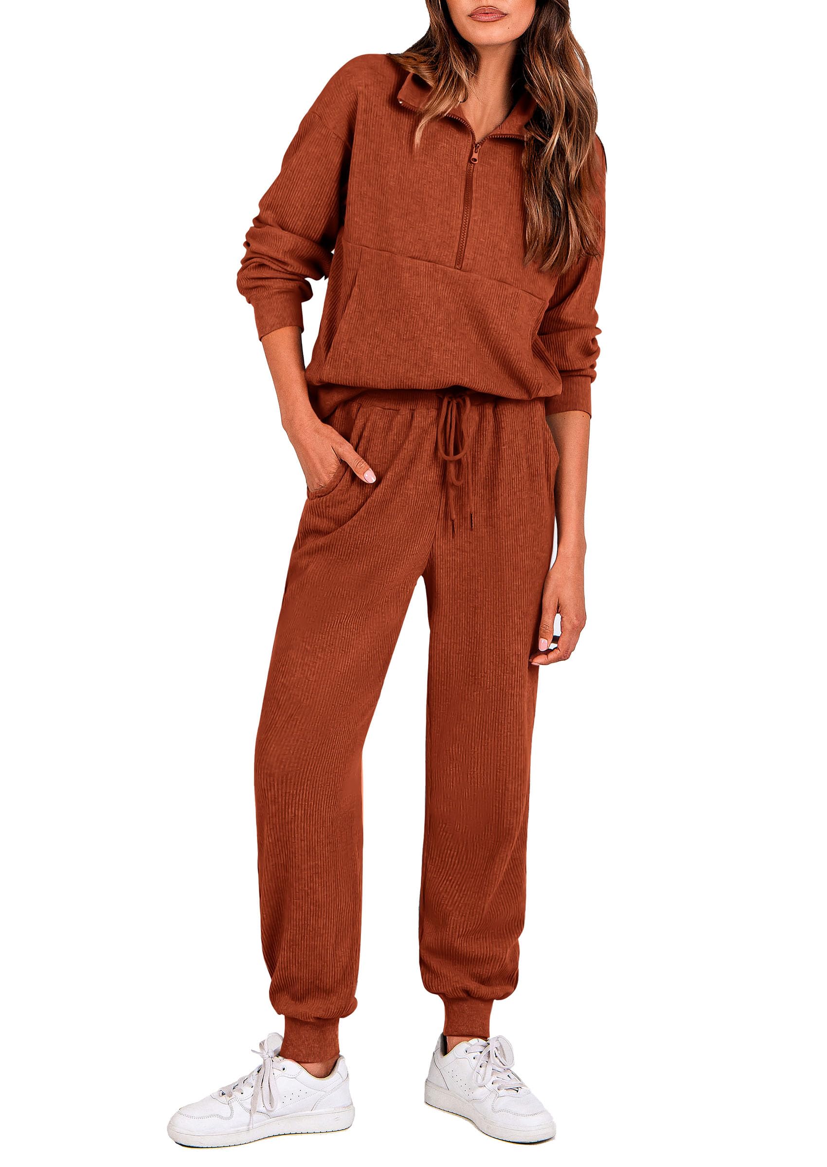 Airport Travel Outfit Women Ribbed Knit Matching Lounge Sets