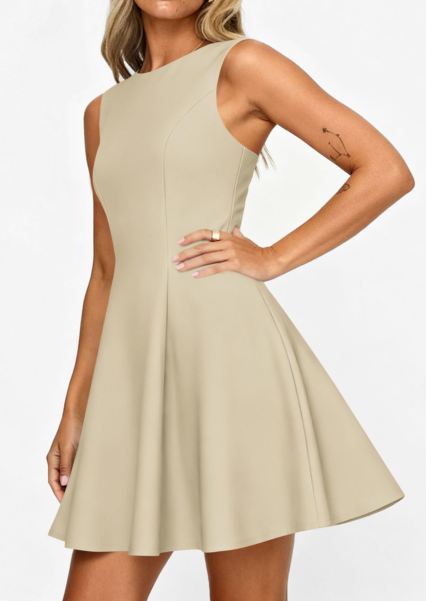 Women's Formal Boat Neck A Line Mini Dress,Beige,XS