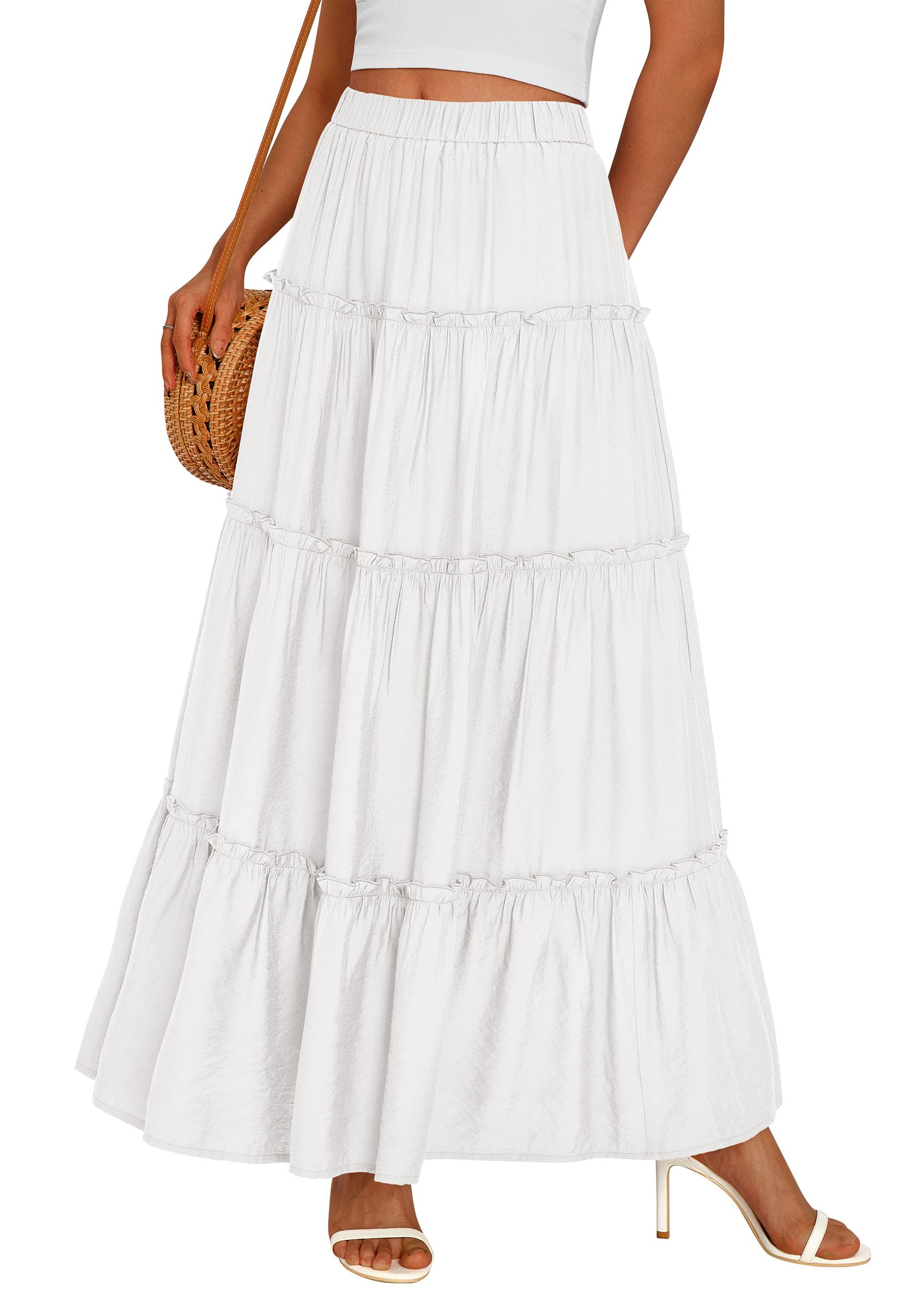 Women's Boho Tiered Ruffle Flowy Maxi Skirt, White,M