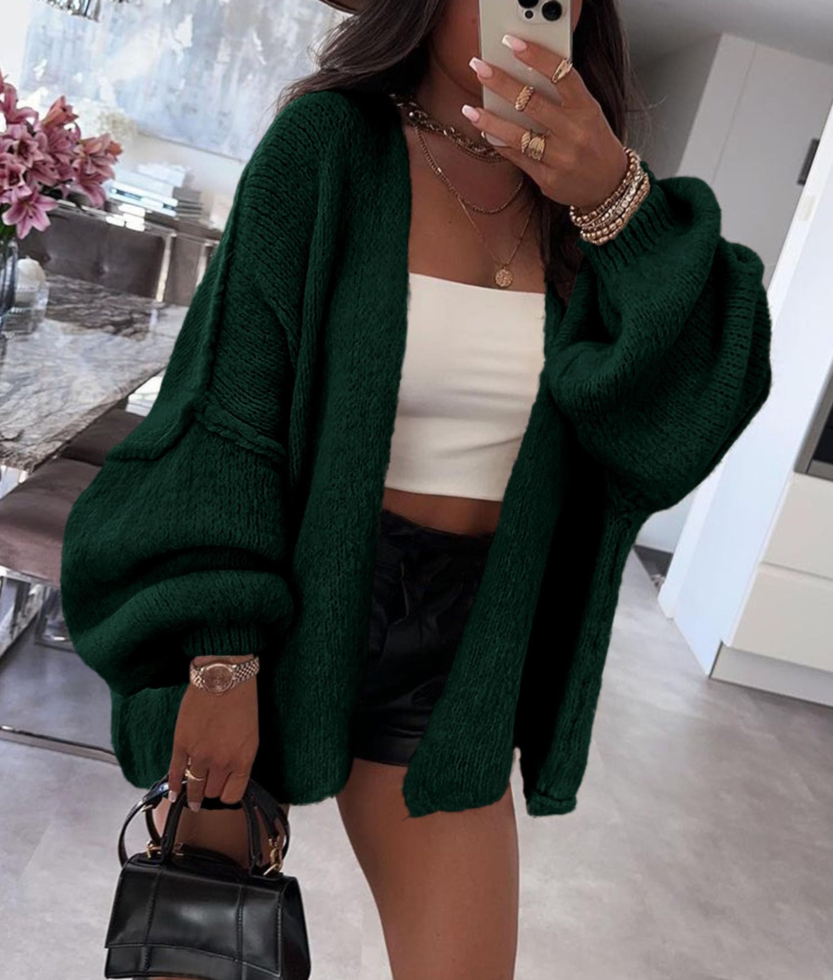 Womens Open Front Oversized Cardigan Sweaters,Spinach Green,XS