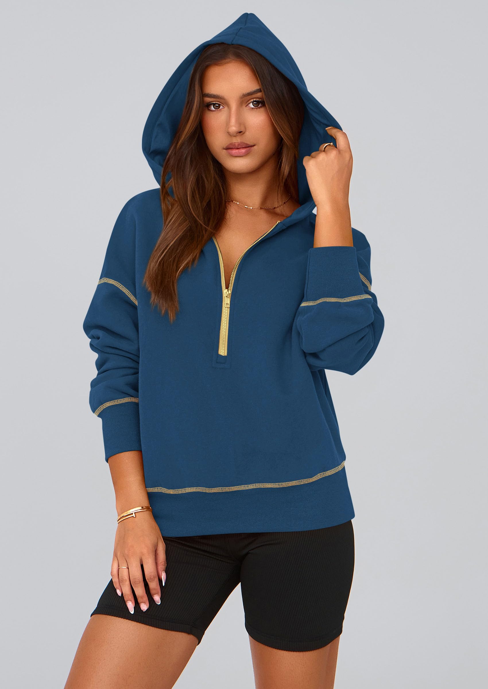 Women's Fall Half Zip Cropped Hoodie Sweatshirt Dark Blue