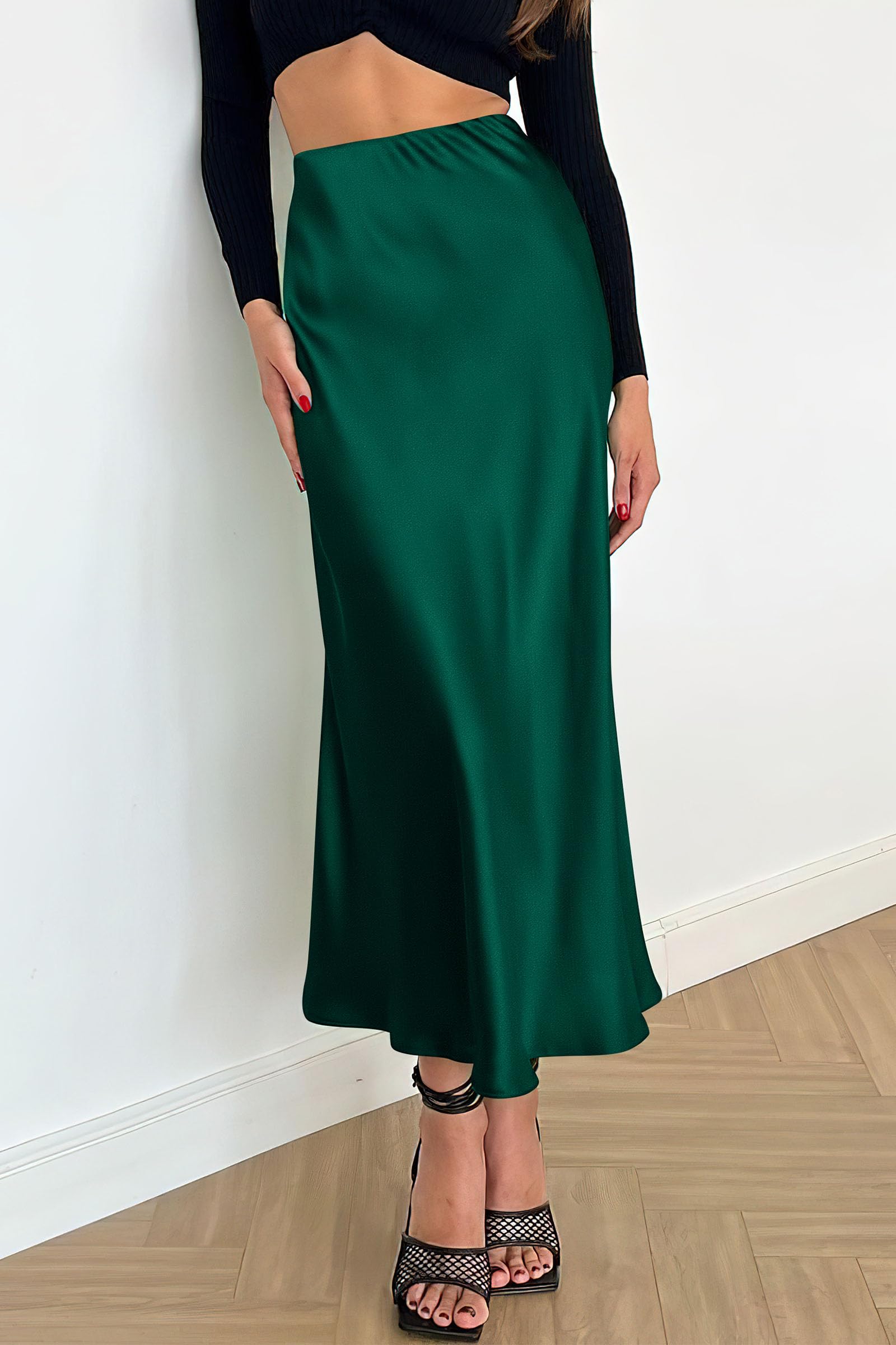 Women's Satin Midi Skirts Dressy Casual,Dark Green,S