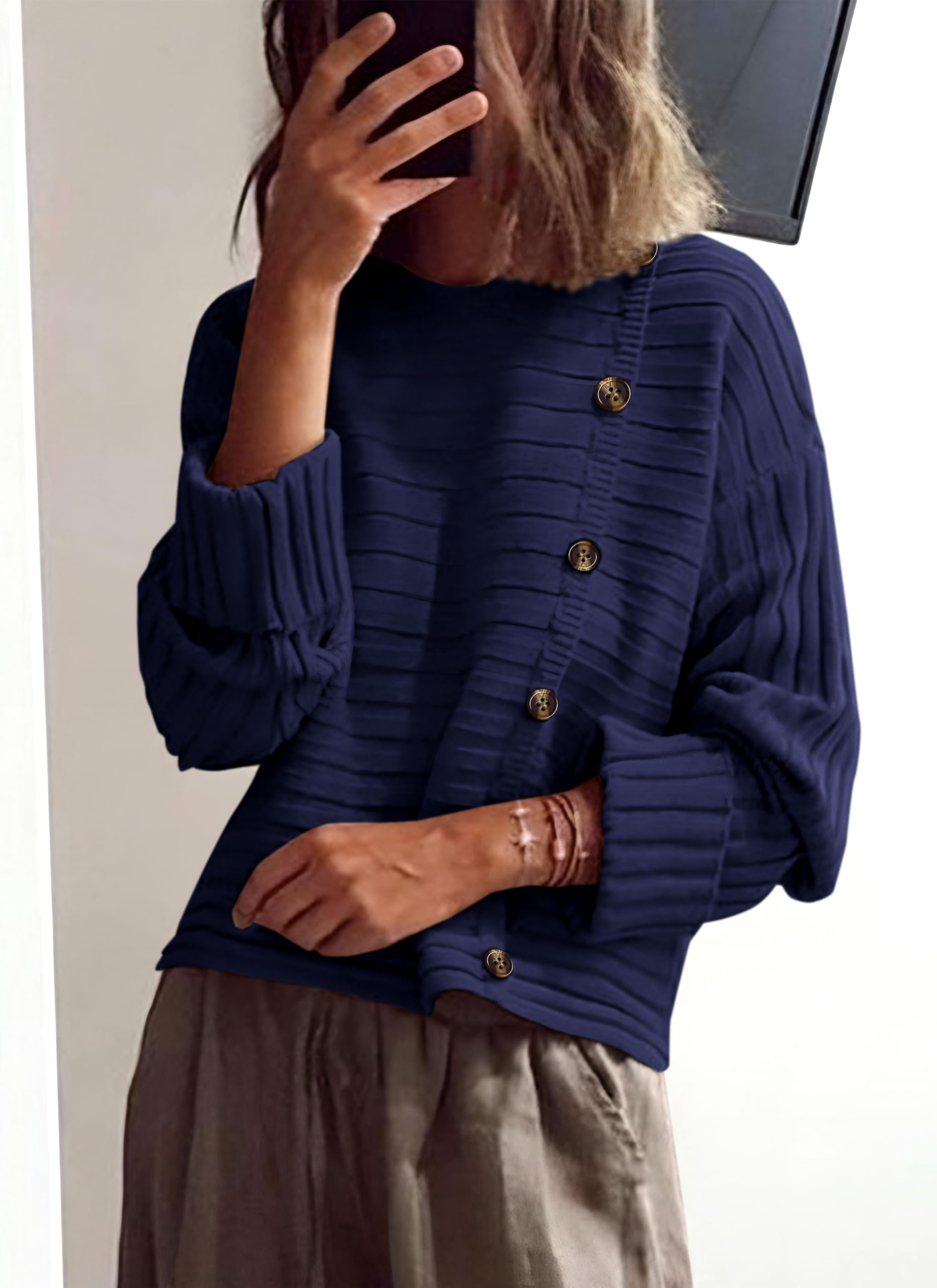 Womens Asymmetric Button Long Sleeve Sweater,Navy,S