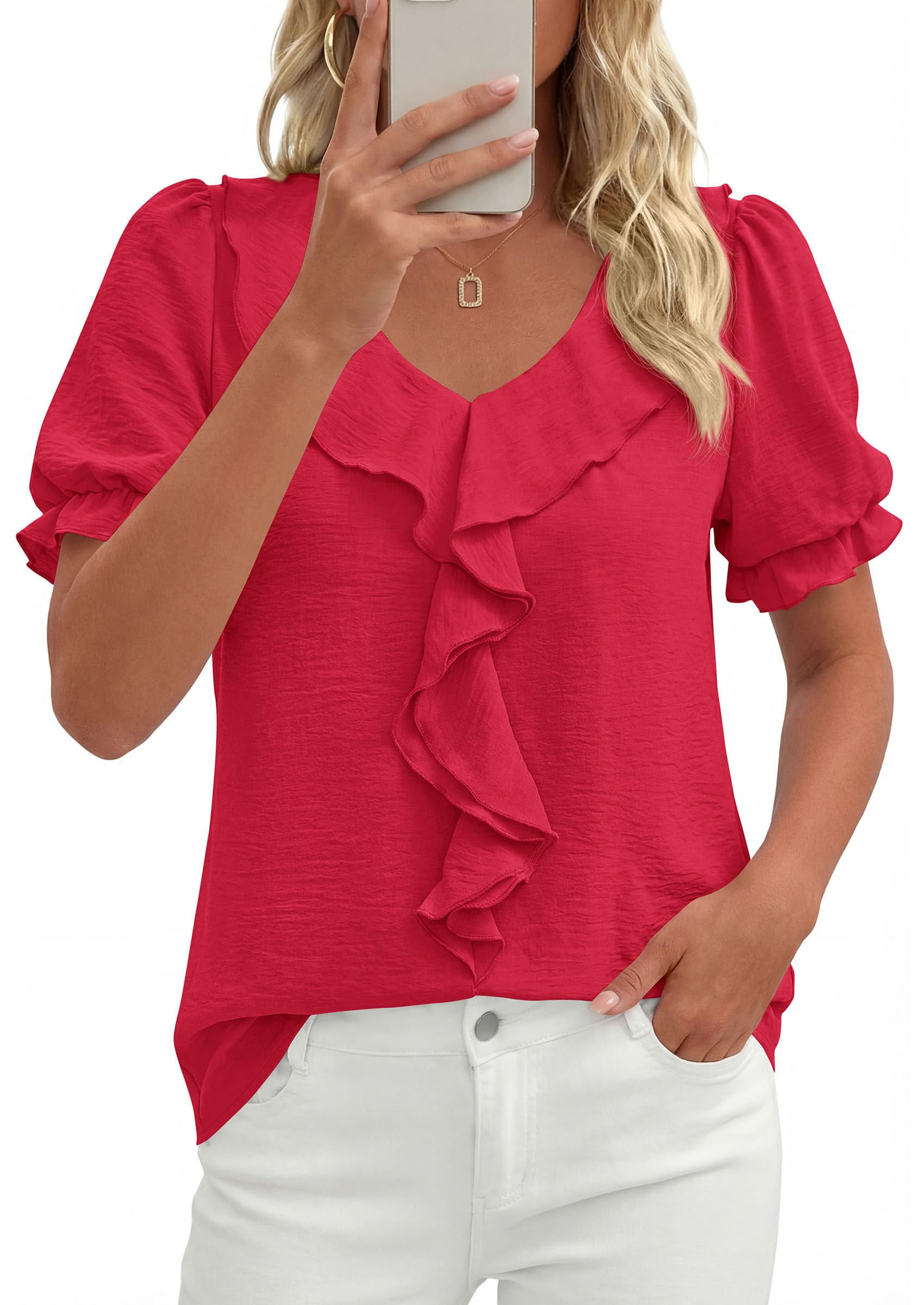 Women's Summer Ruffle Dressy Casual Blouses (Red,S)
