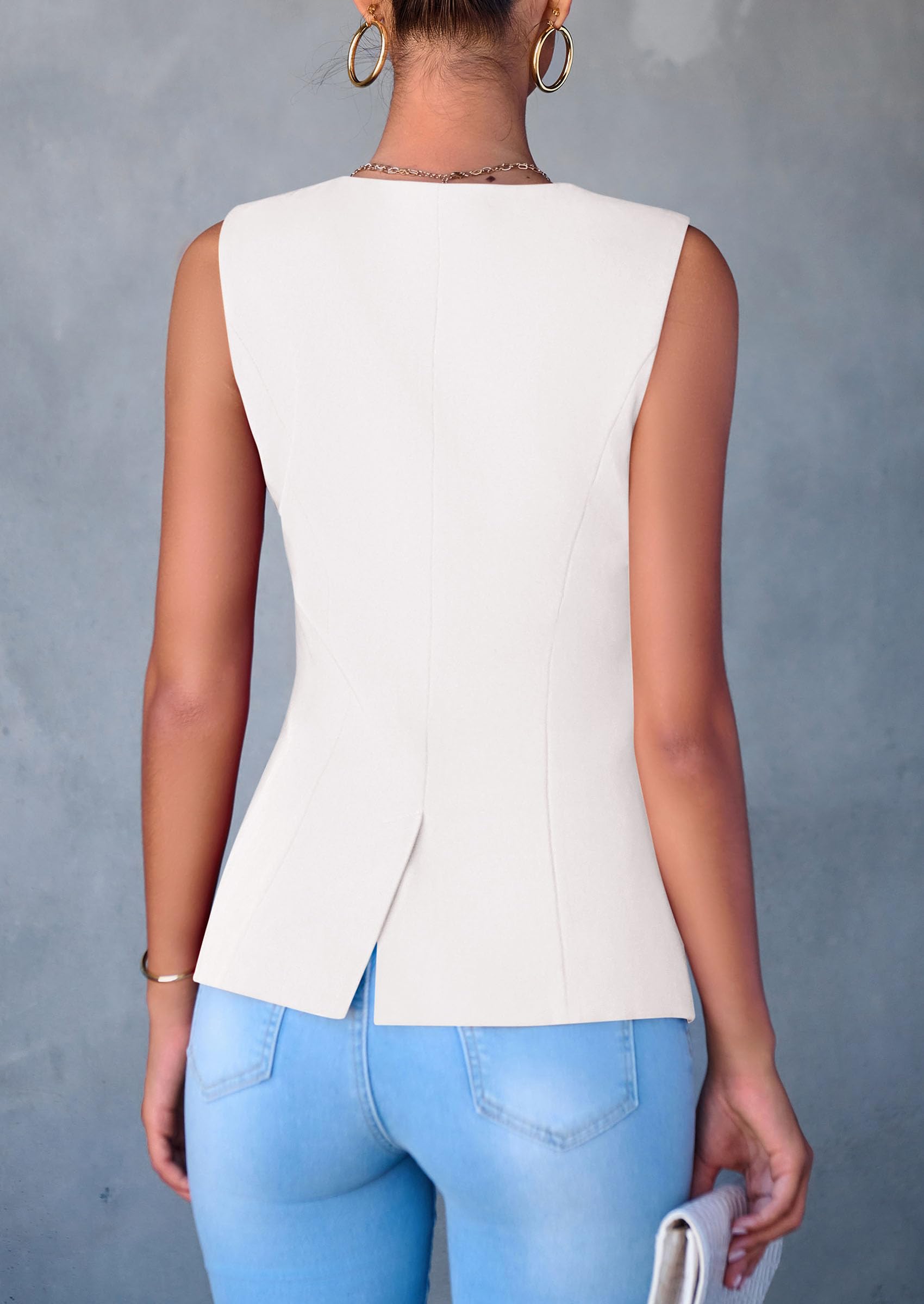 Women Tailored Suit Vest Business Casual Tops, White,S