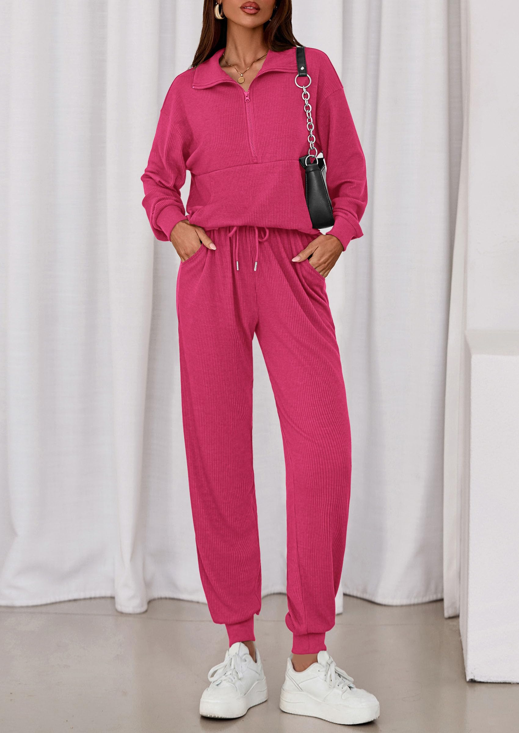 Airport Travel Outfit Women Ribbed Knit Matching Lounge Sets