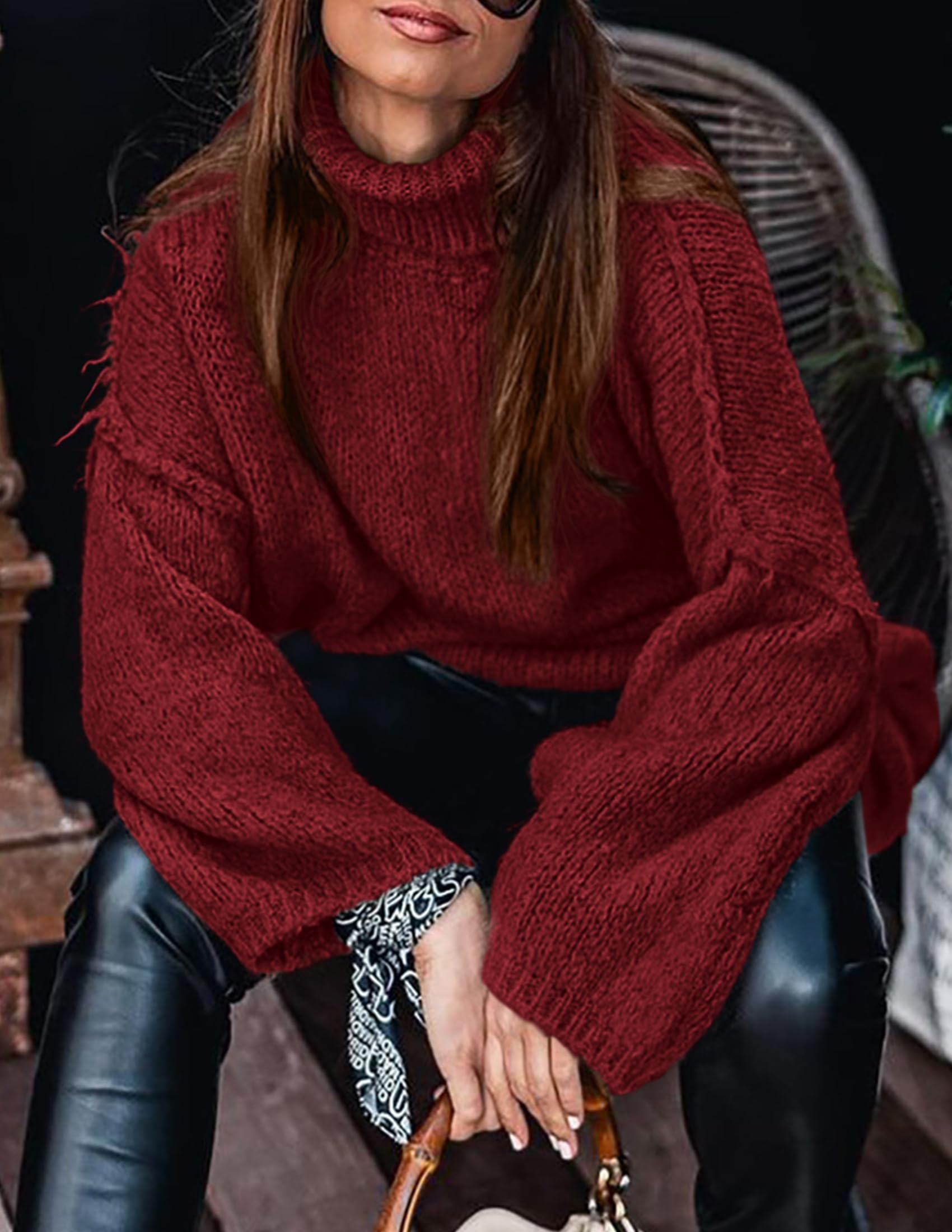 Womens Turtleneck Long Sleeve Oversized Sweaters,Wine Red,S