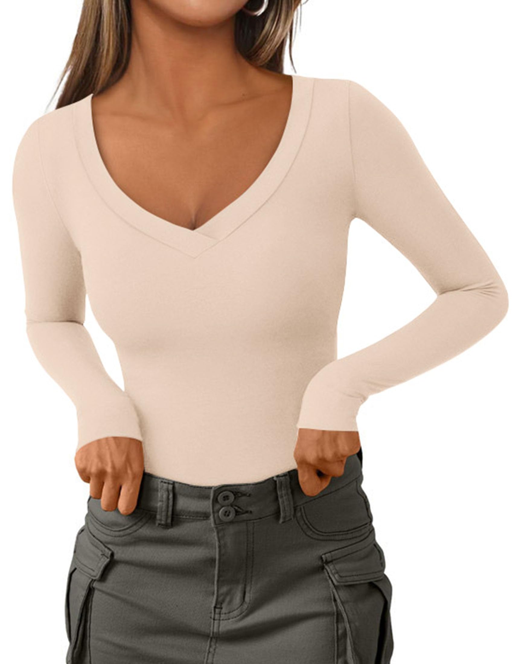Women's V Neck Long Sleeve Shirts,Apricot,X-S