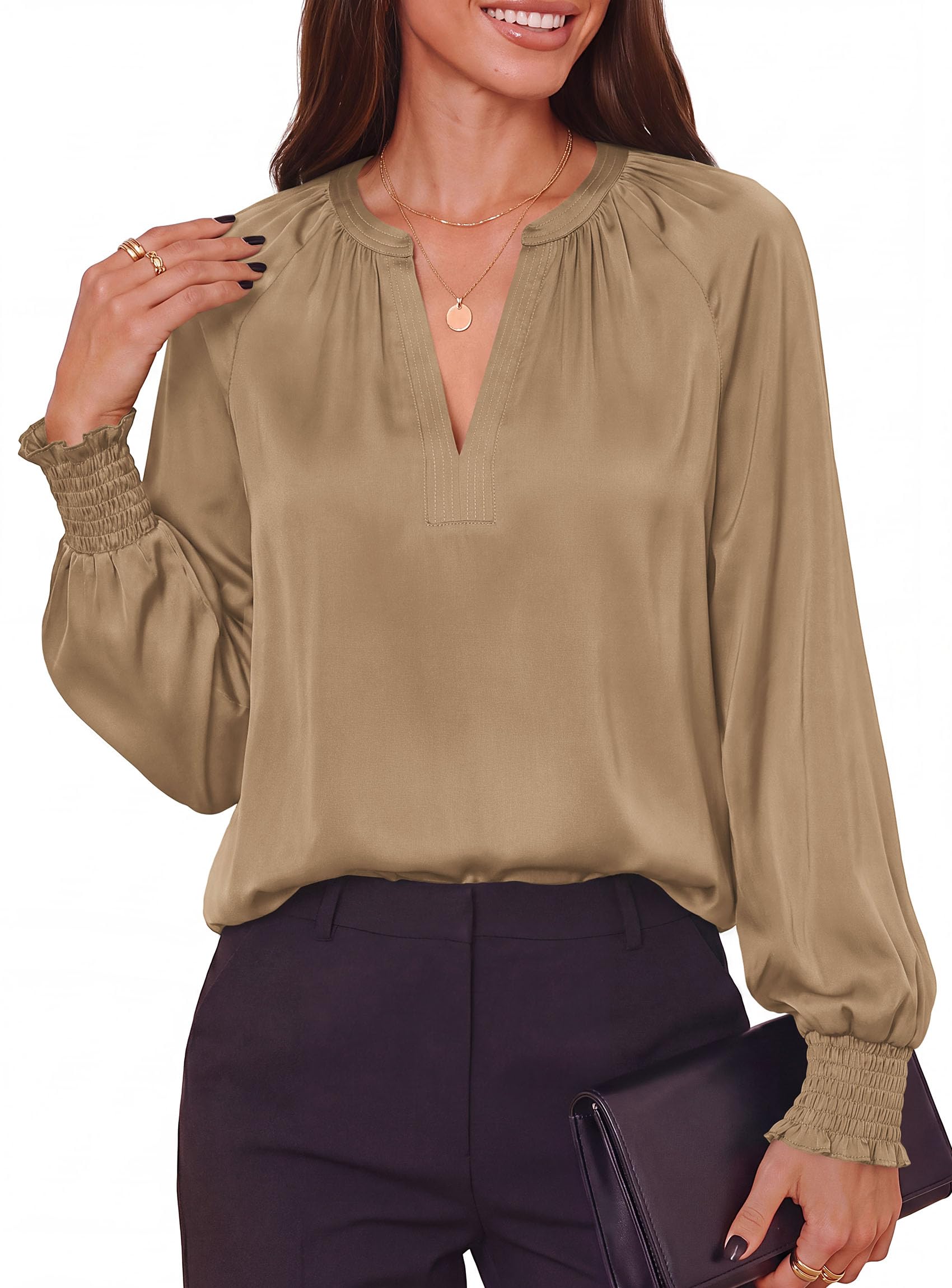 Women's Satin Blouses V Neck Long Sleeve Tops,Khaki,S