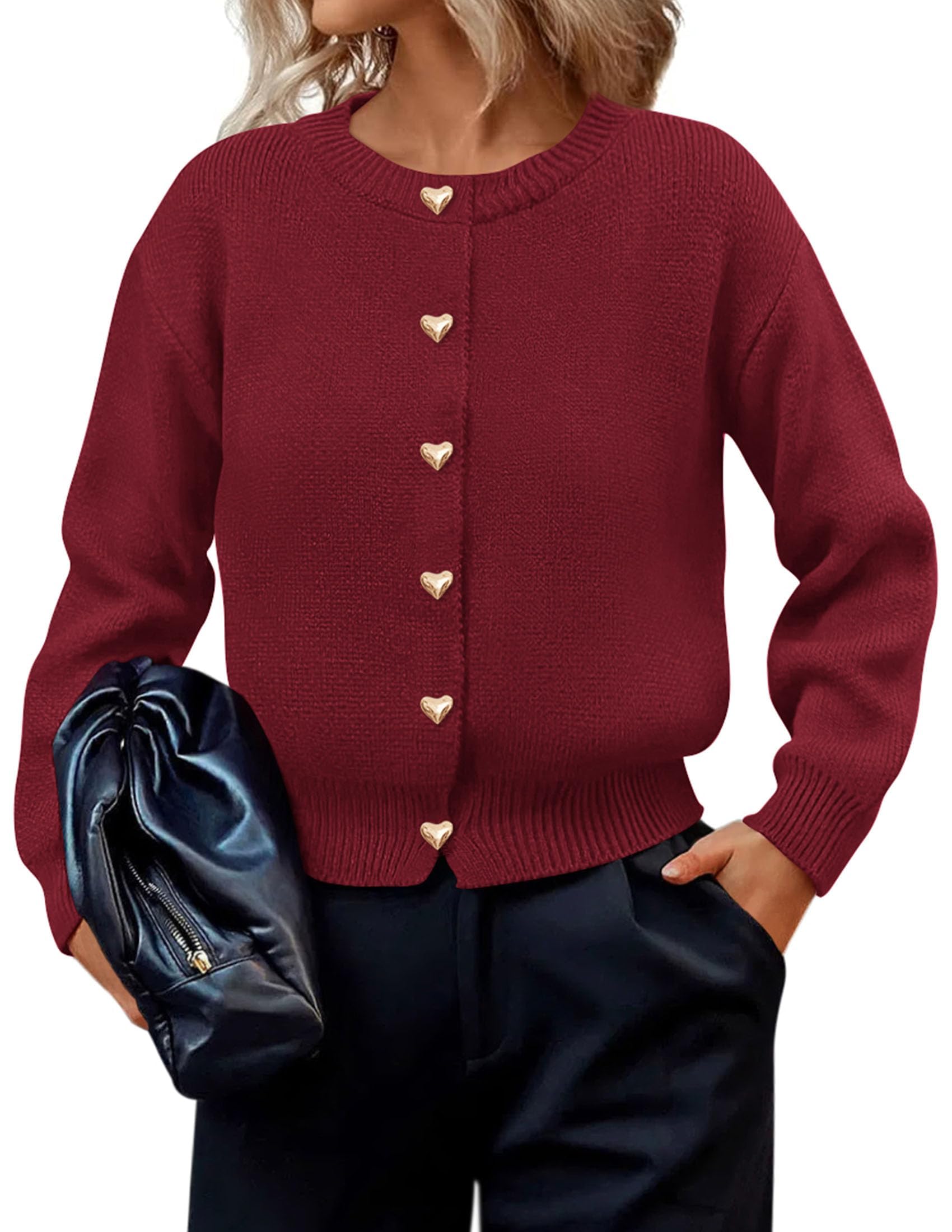 Women's Long Sleeve Button Up Cardigan,Burgundy,M