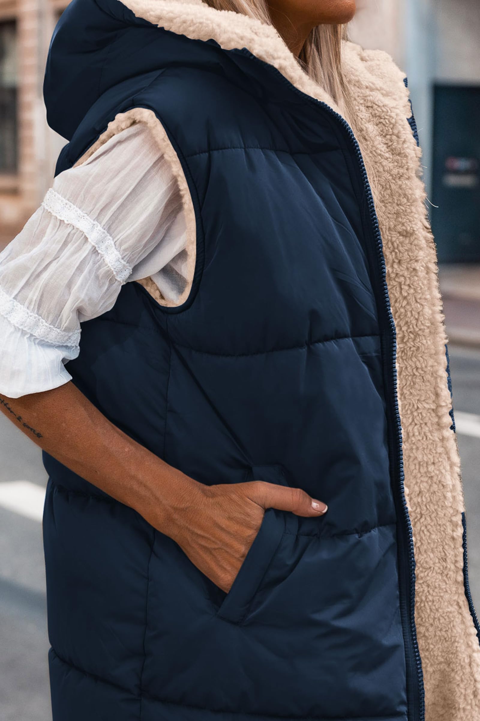 Women's Winter Reversible Fleece Long Vests(Navy,S)