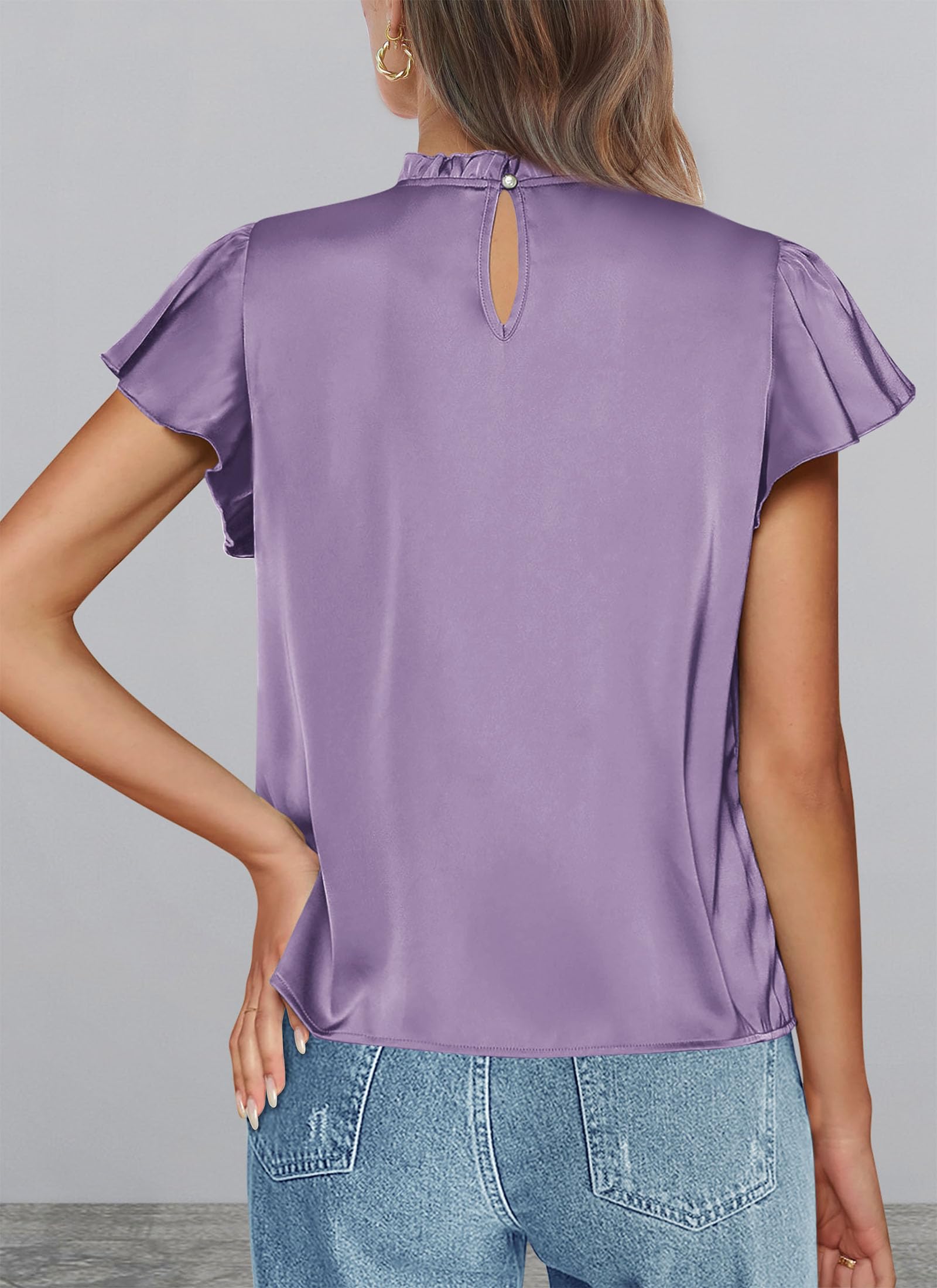 Women's Satin Tops Business Casual Work Blouses, Purple,S