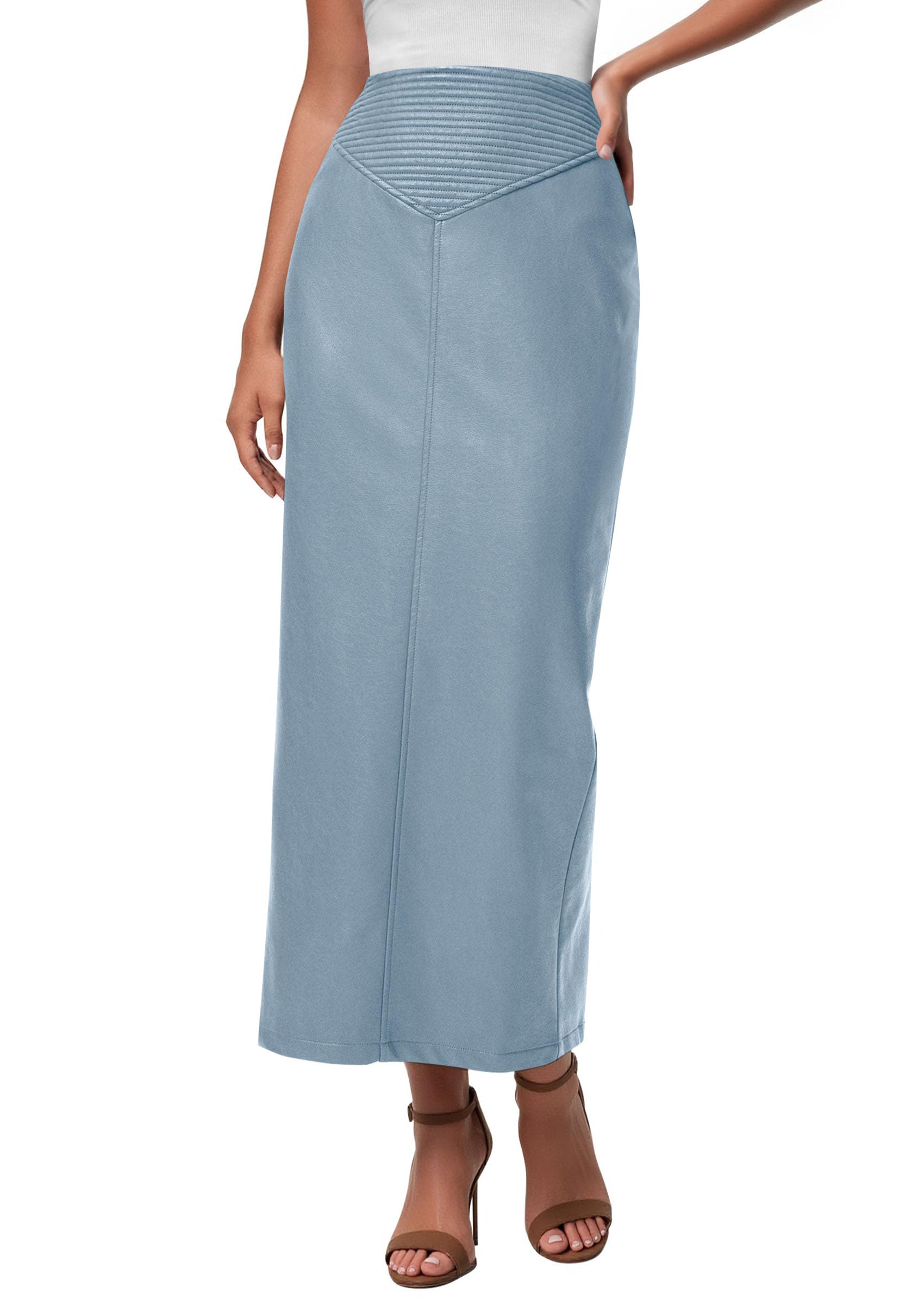 Women's Faux Leather High Waisted Maxi Skirts,Dusty Blue,XS