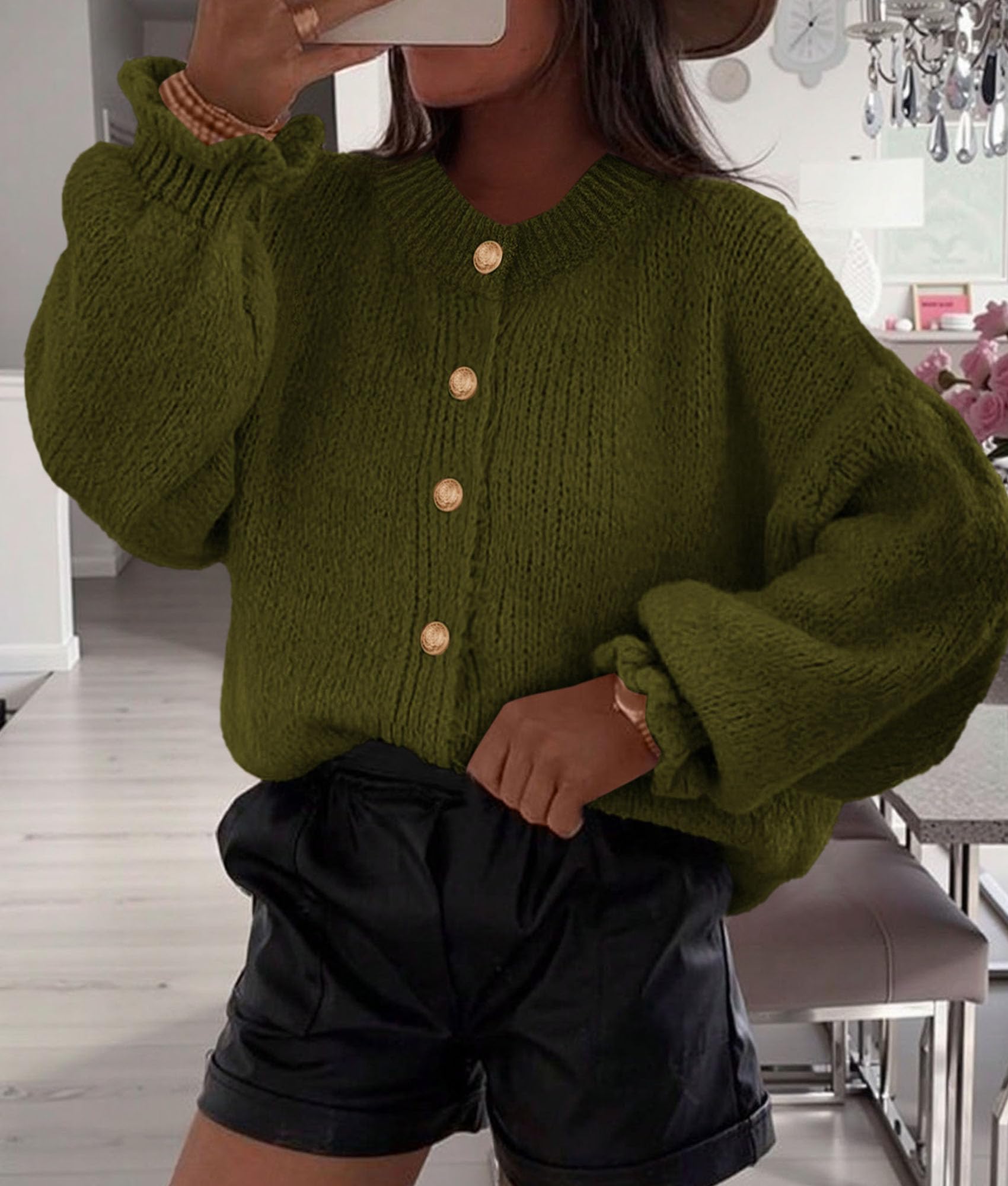 Womens Long Sleeve Chunky Knit Cardigan Sweaters Army Green