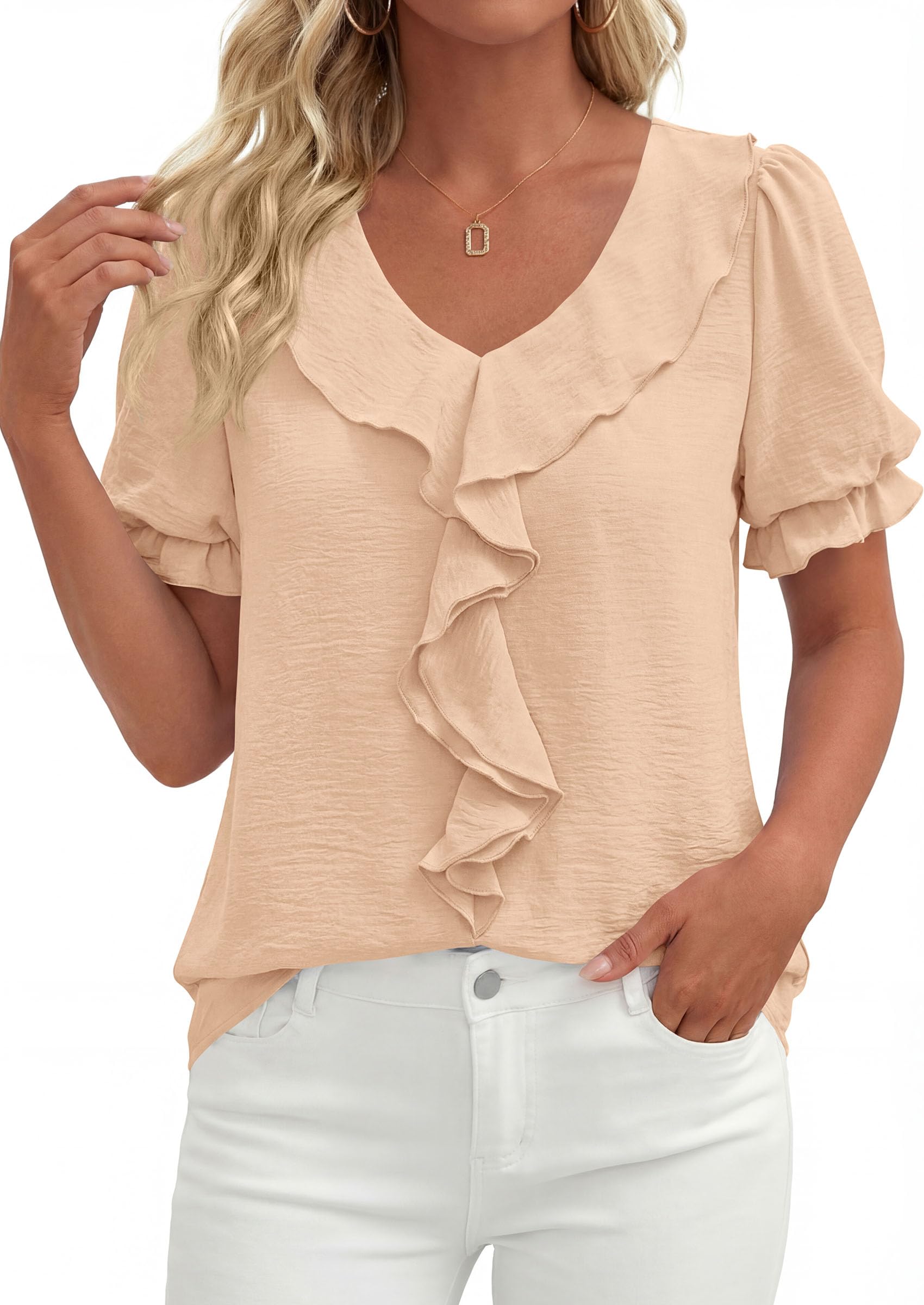 Women's Summer Ruffle Dressy Casual Blouses (Light Khaki,S)