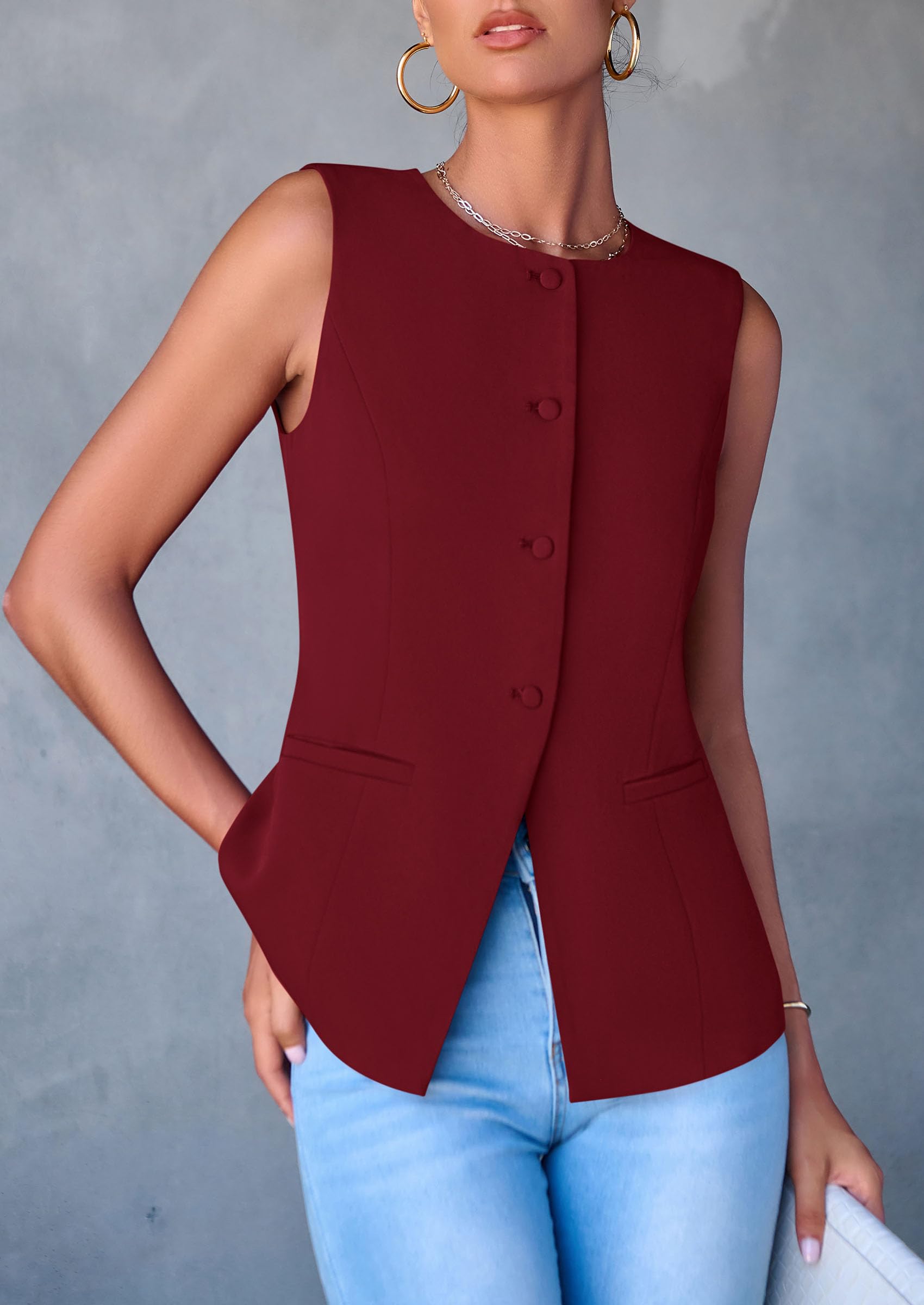 Women Tailored Suit Vest Business Casual Tops, Red,S