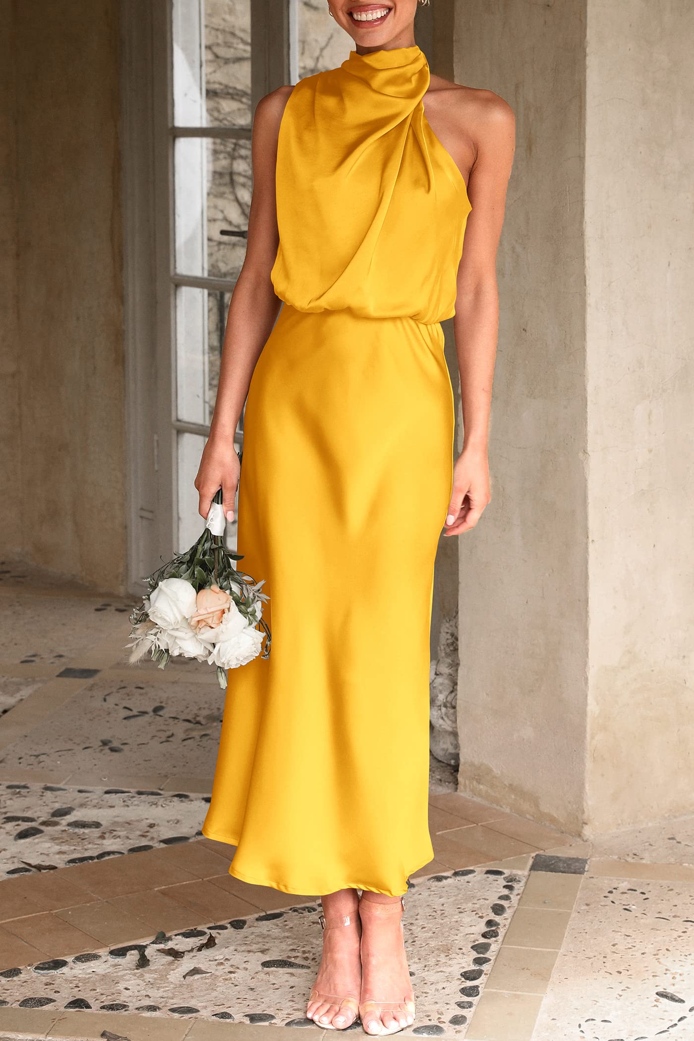 Women's Summer Satin Maxi Cocktail Dress Yellow