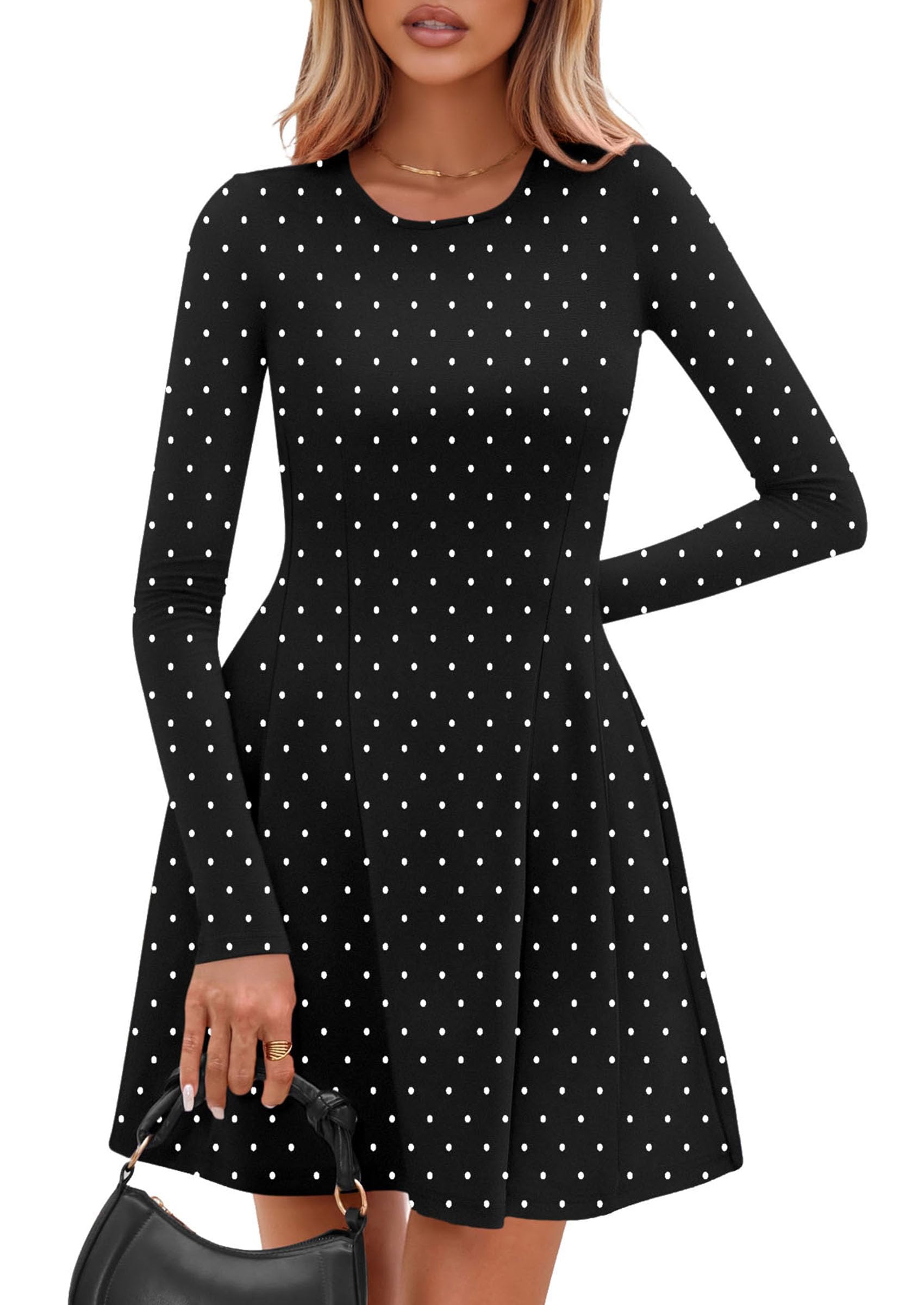 Womens Long Sleeve Pleated Mini Dress,Dot Black White,XS