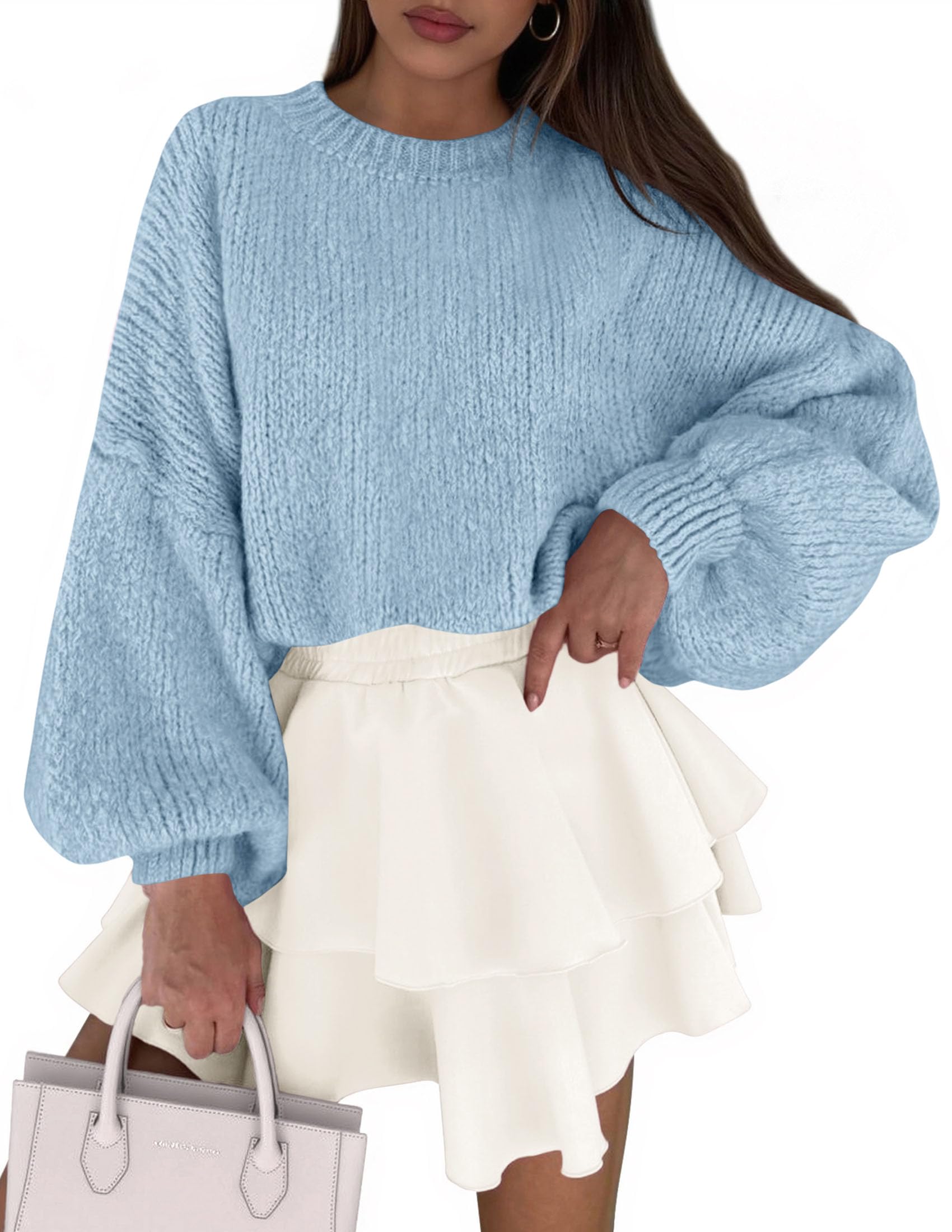 Women's Chunky Knit Oversized Pullover Sweaters,Light Blue,S