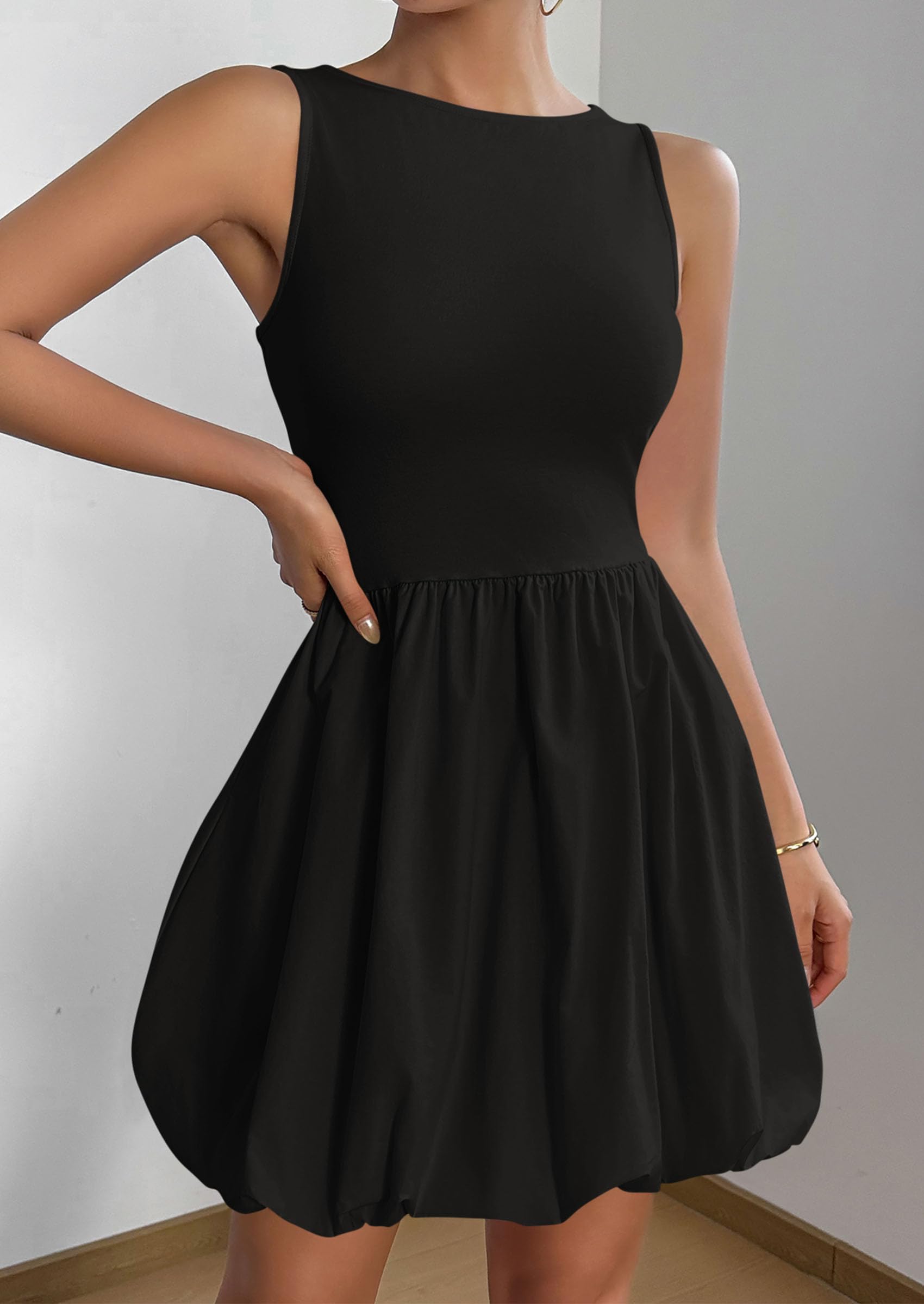 Womens Summer Bubble Sleeveless Mini Dress,Black,S