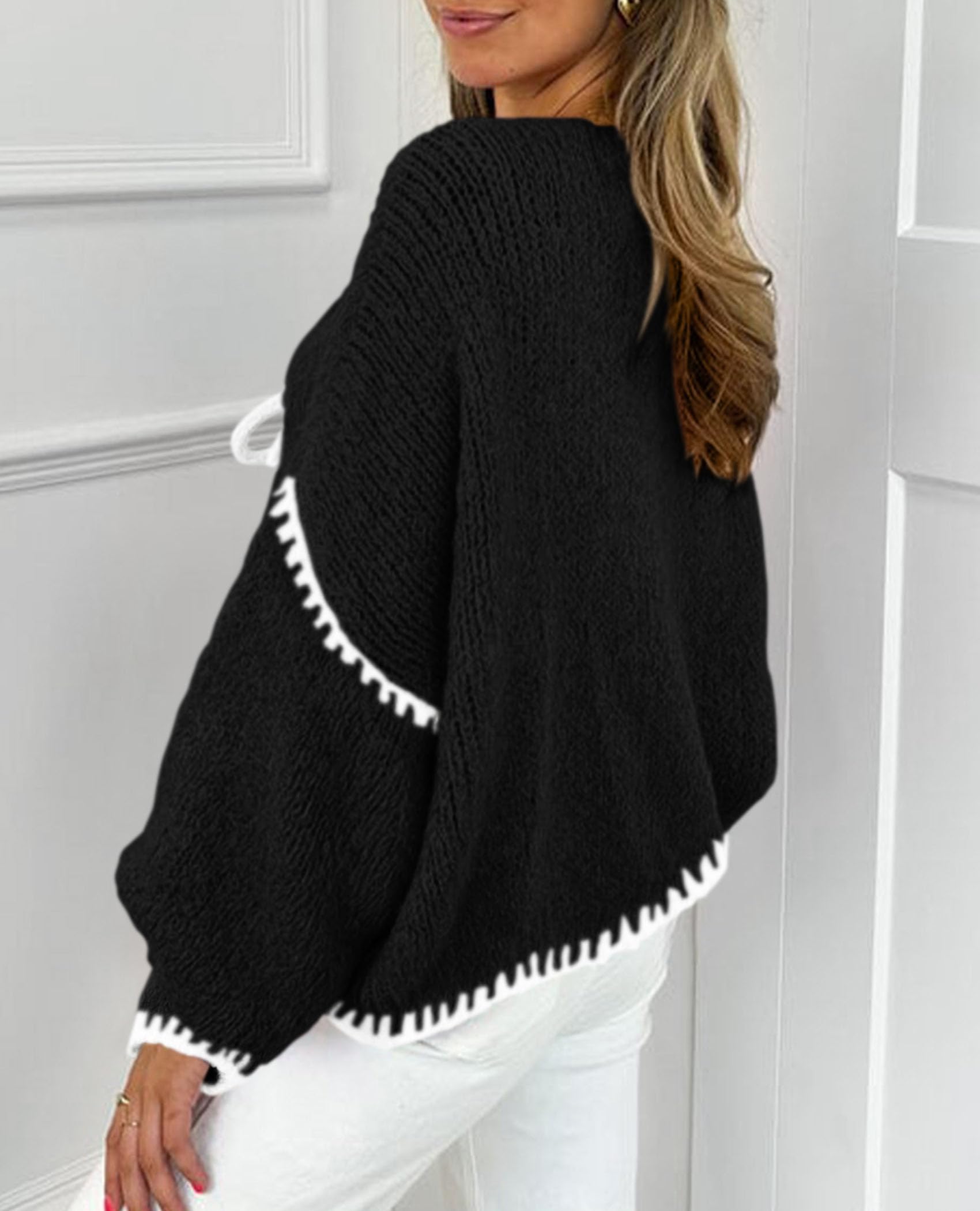 Women's Tie Front Bow Cardigan Sweaters(Black White,Small)