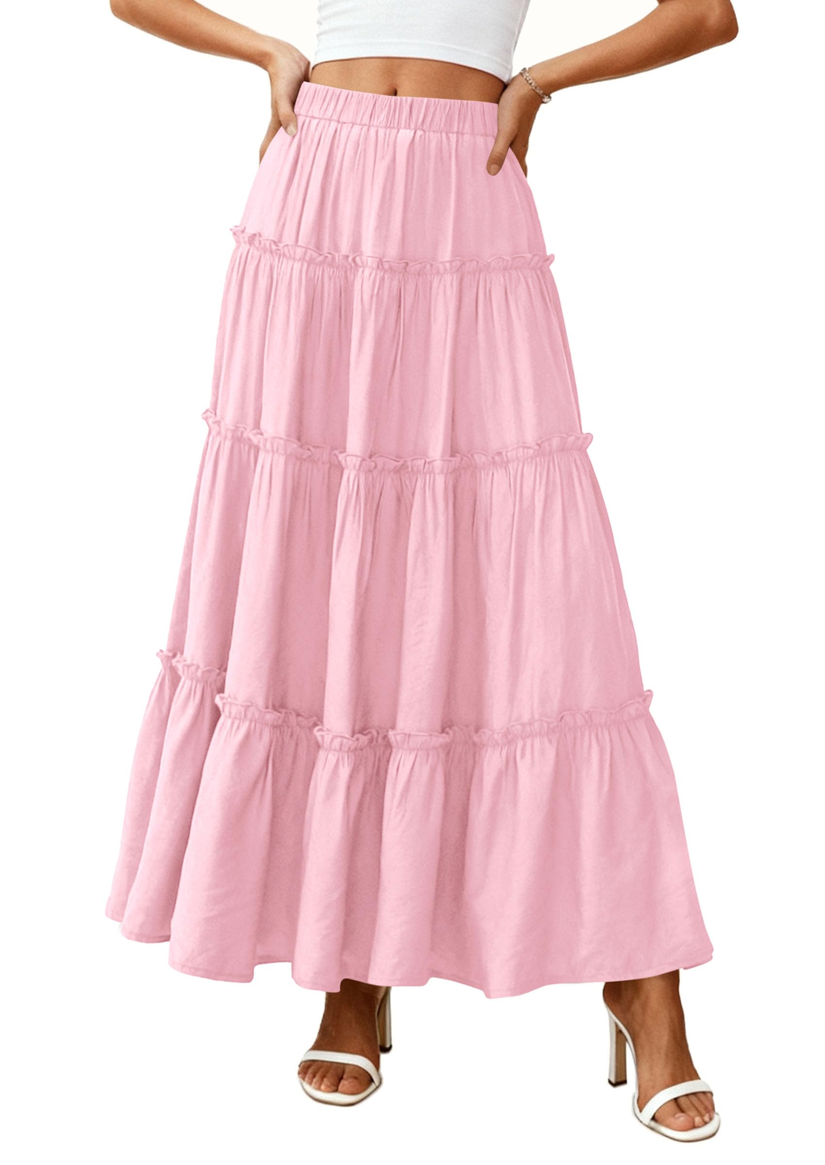 Women's Boho Tiered Ruffle Flowy Maxi Skirt, Light Pink,S