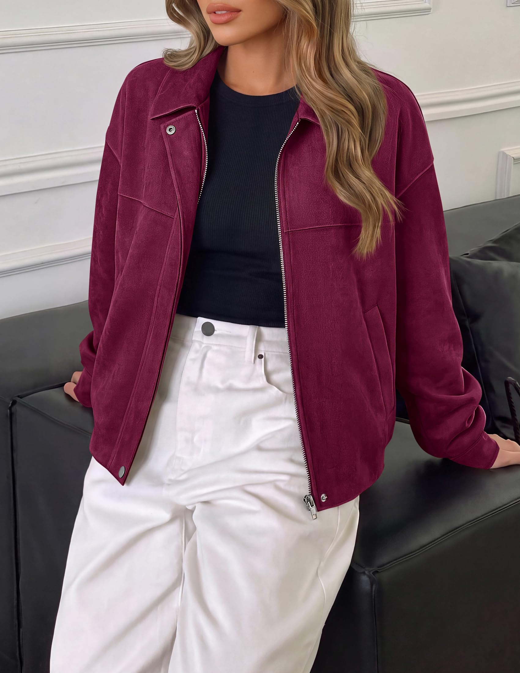 Women's Faux Suede Cropped Fall Jackets,Wine Red,S