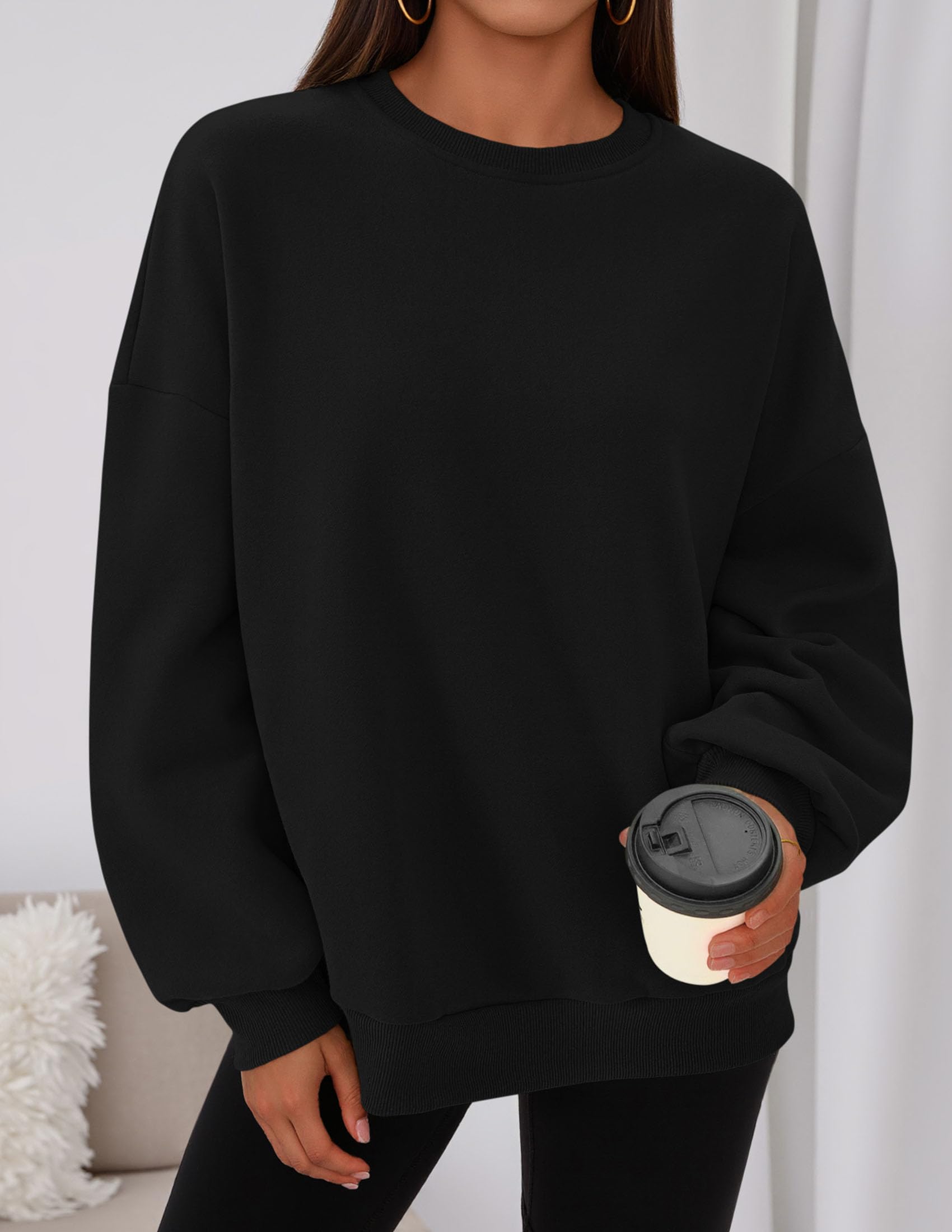 Womens Oversized Crewneck Sweatshirt 2026 Fall Outfits Black