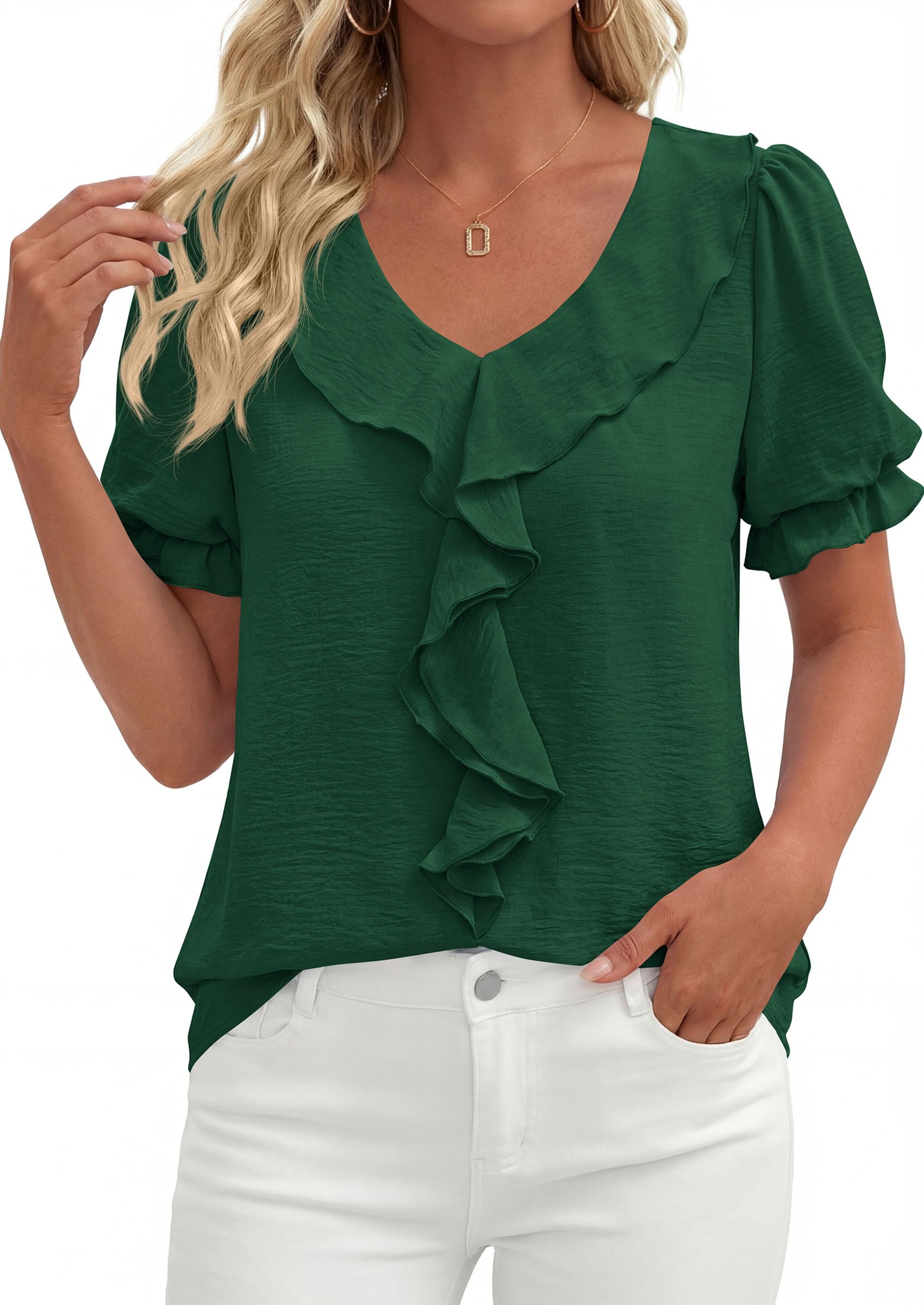 Women's Summer Ruffle Dressy Casual Blouses (Dark Green,S)