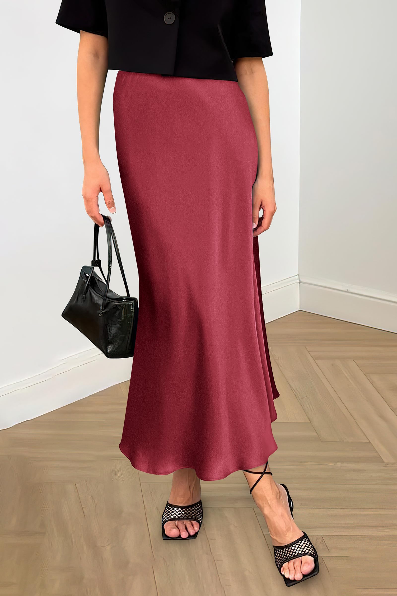 Women's Satin Midi Skirts Dressy Casual,Bean Paste Pink,S