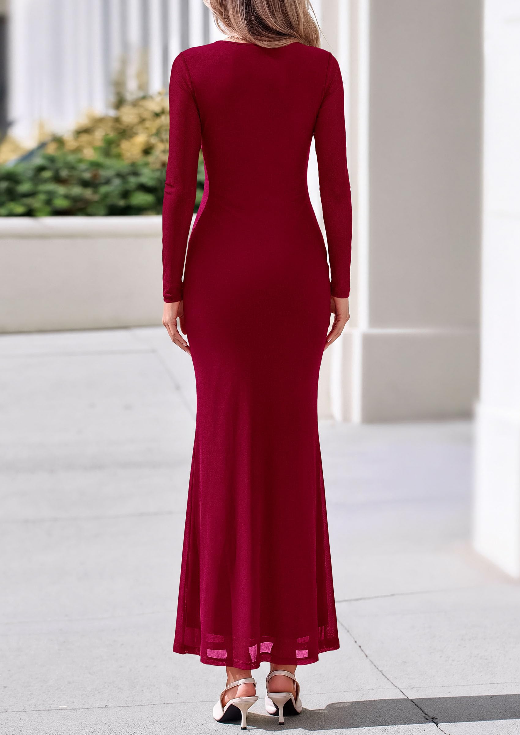 Womens Fall Long Sleeve Bodycon Tie Waist Mesh Maxi Dresses
