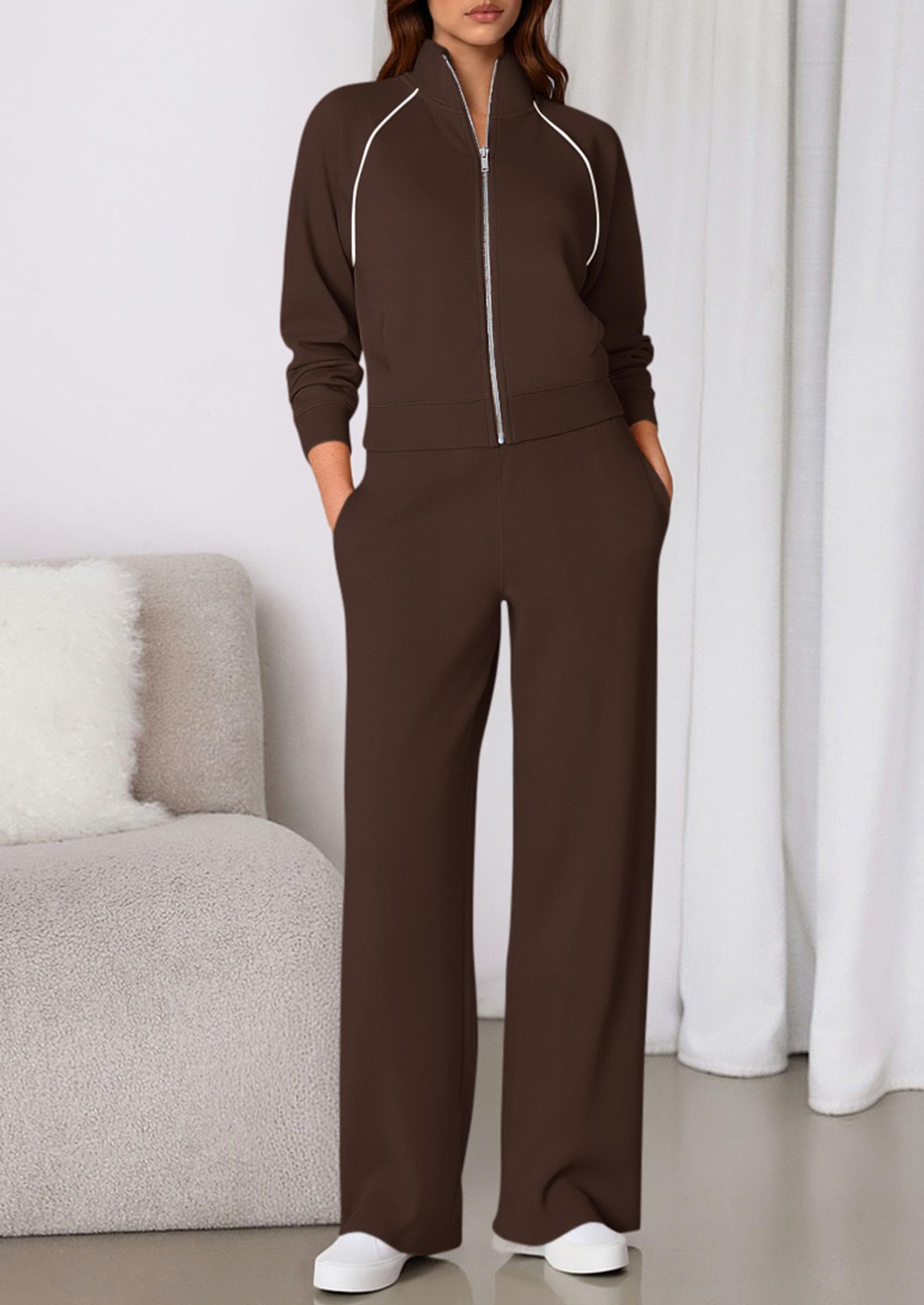 Women's 2 Piece Outfits Sweatsuits Lounge Sets,Brown,S