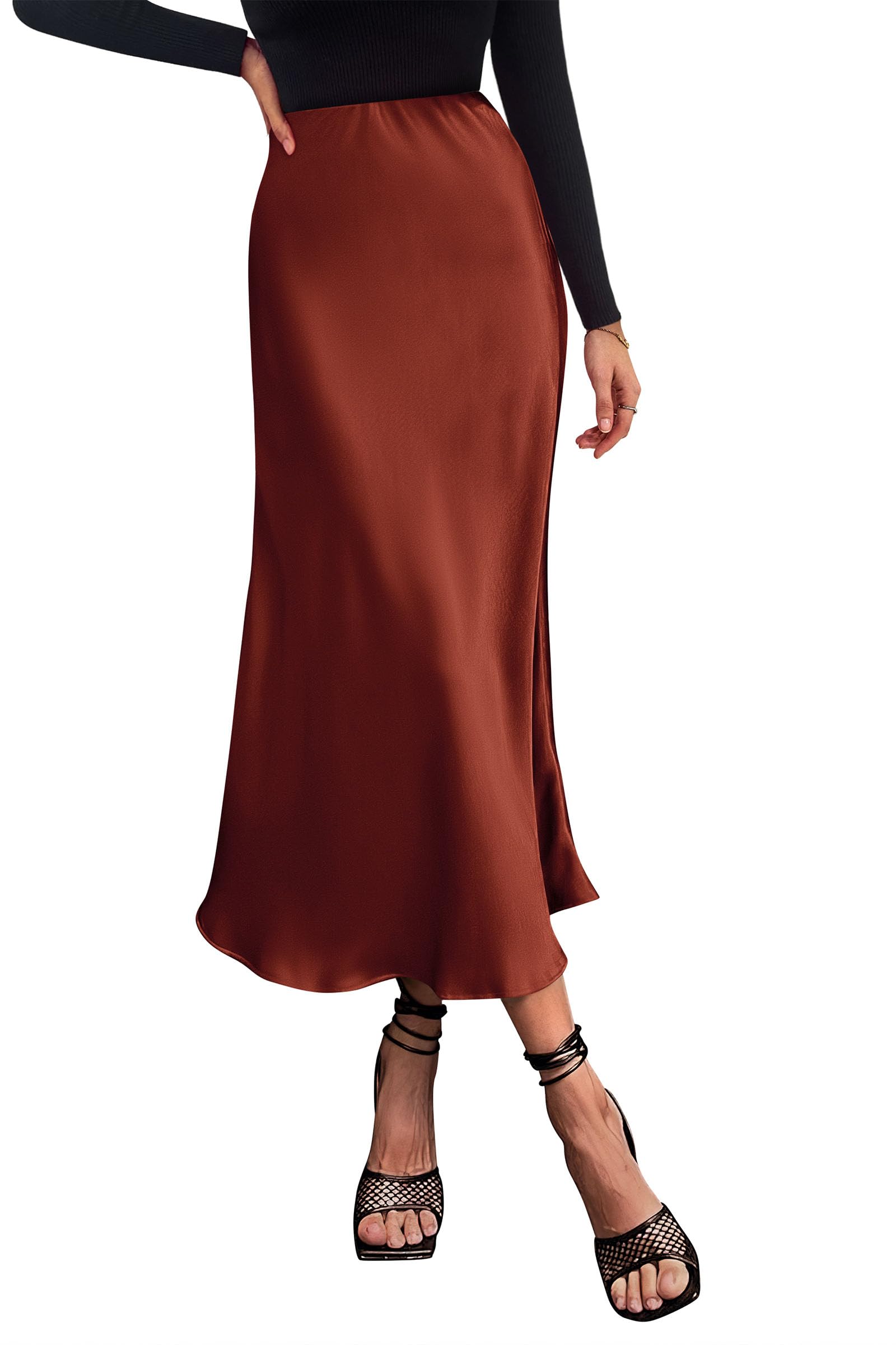 Women's Satin Skirts Dressy Casual 2025 Fall High Waisted Cocktail Wedding Flowy Elegant A Line Midi Skirt (Brown,Small)